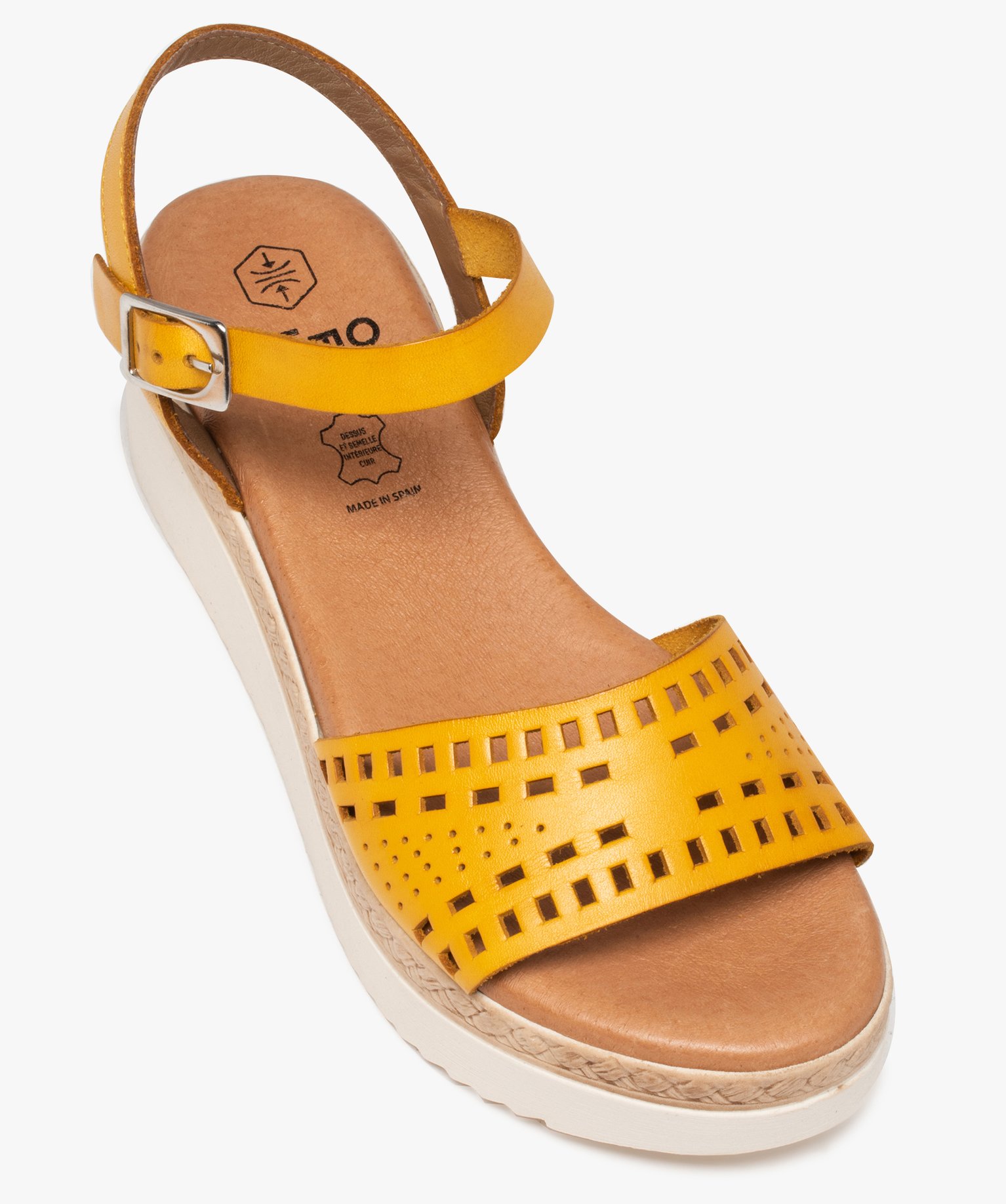 Sandales femme compensées dessus ajouré jaune | GEMO