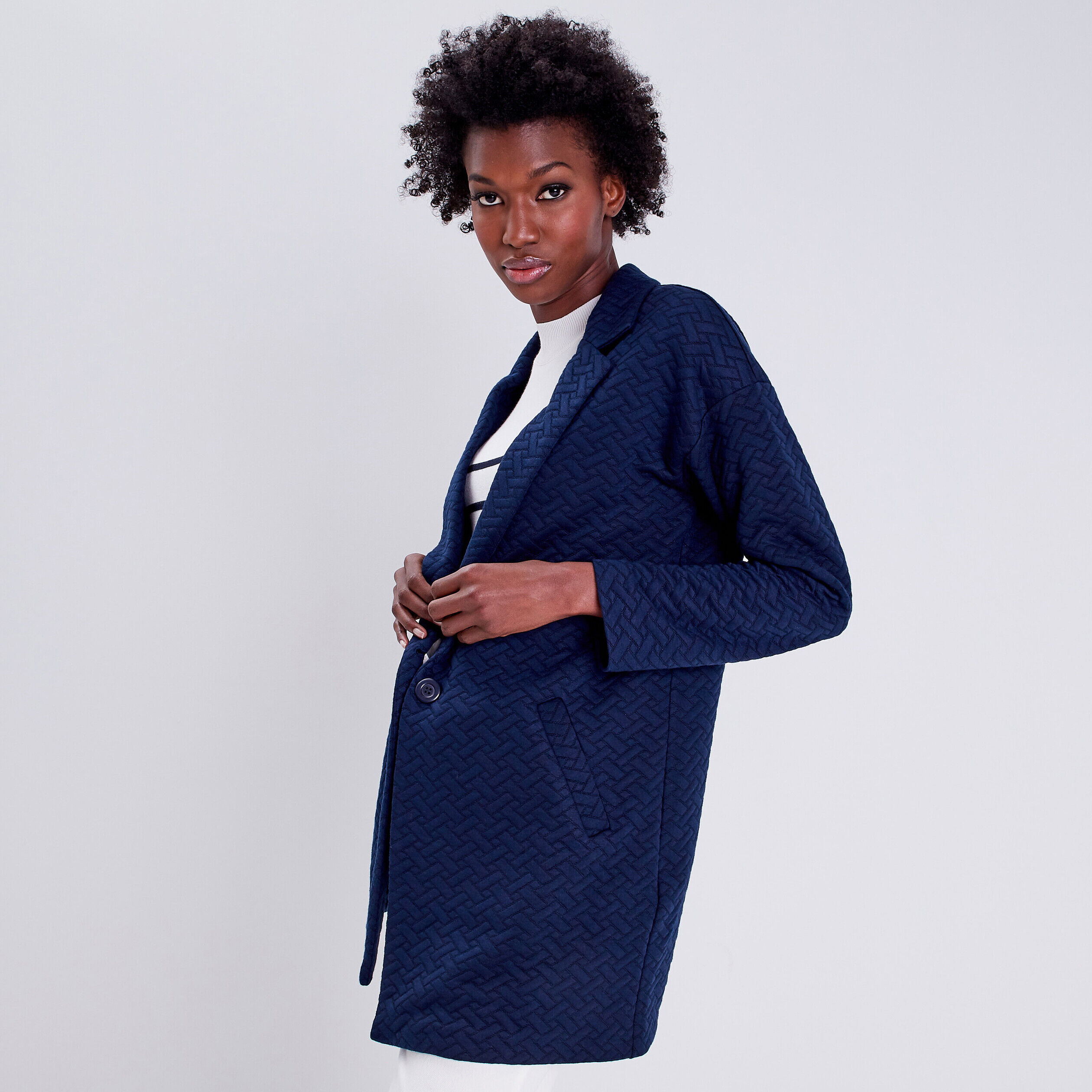 Manteau droit manches longues bleu marine femme | Cache Cache
