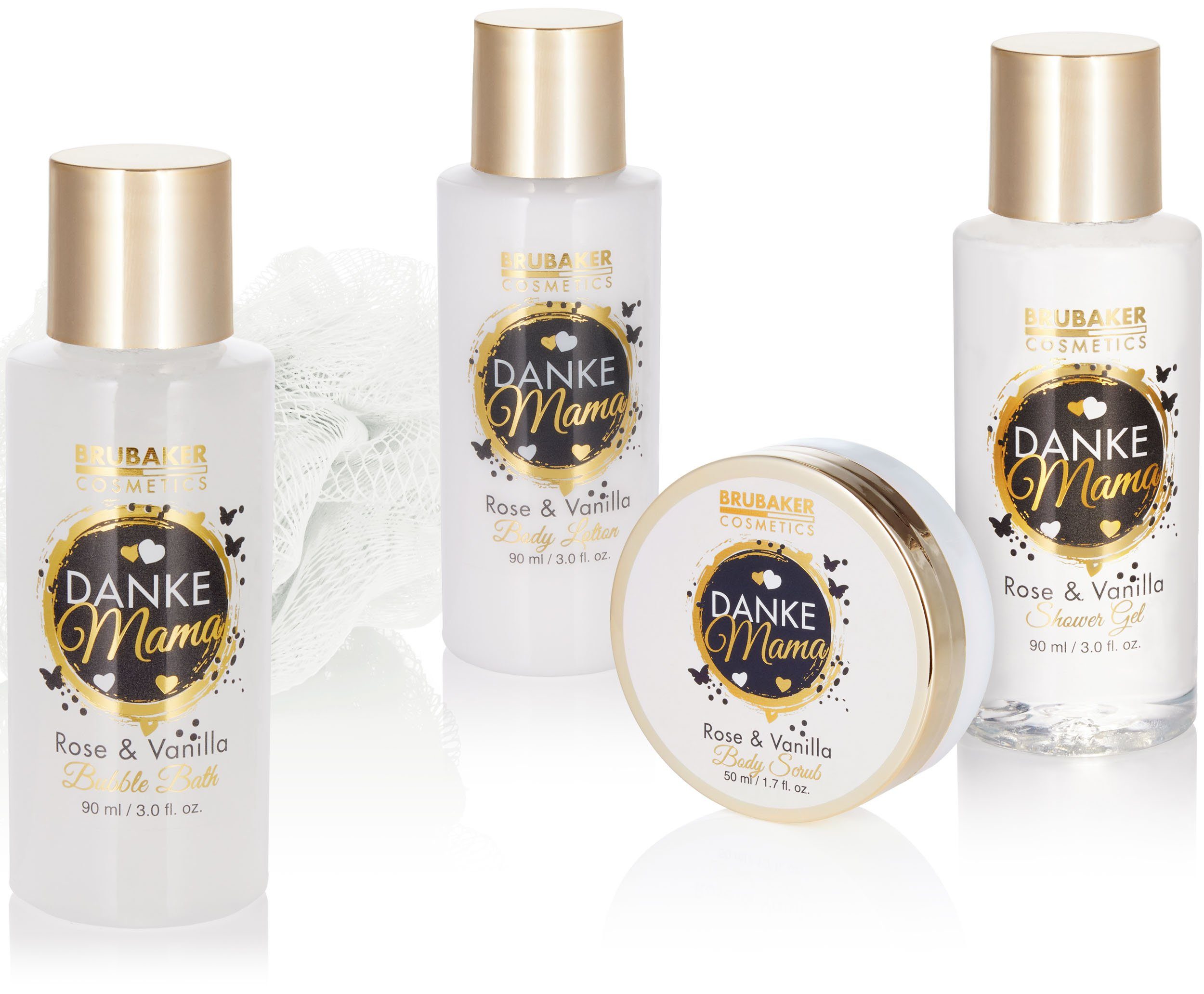 BRUBAKER Pflege-Geschenkset Danke Mama - Dusch- und Badeset mit Rosen Vanille Duft, 5-tlg., Mutter Geschenkset mit Peeling Schwamm - Pflegeset Weiß Gold