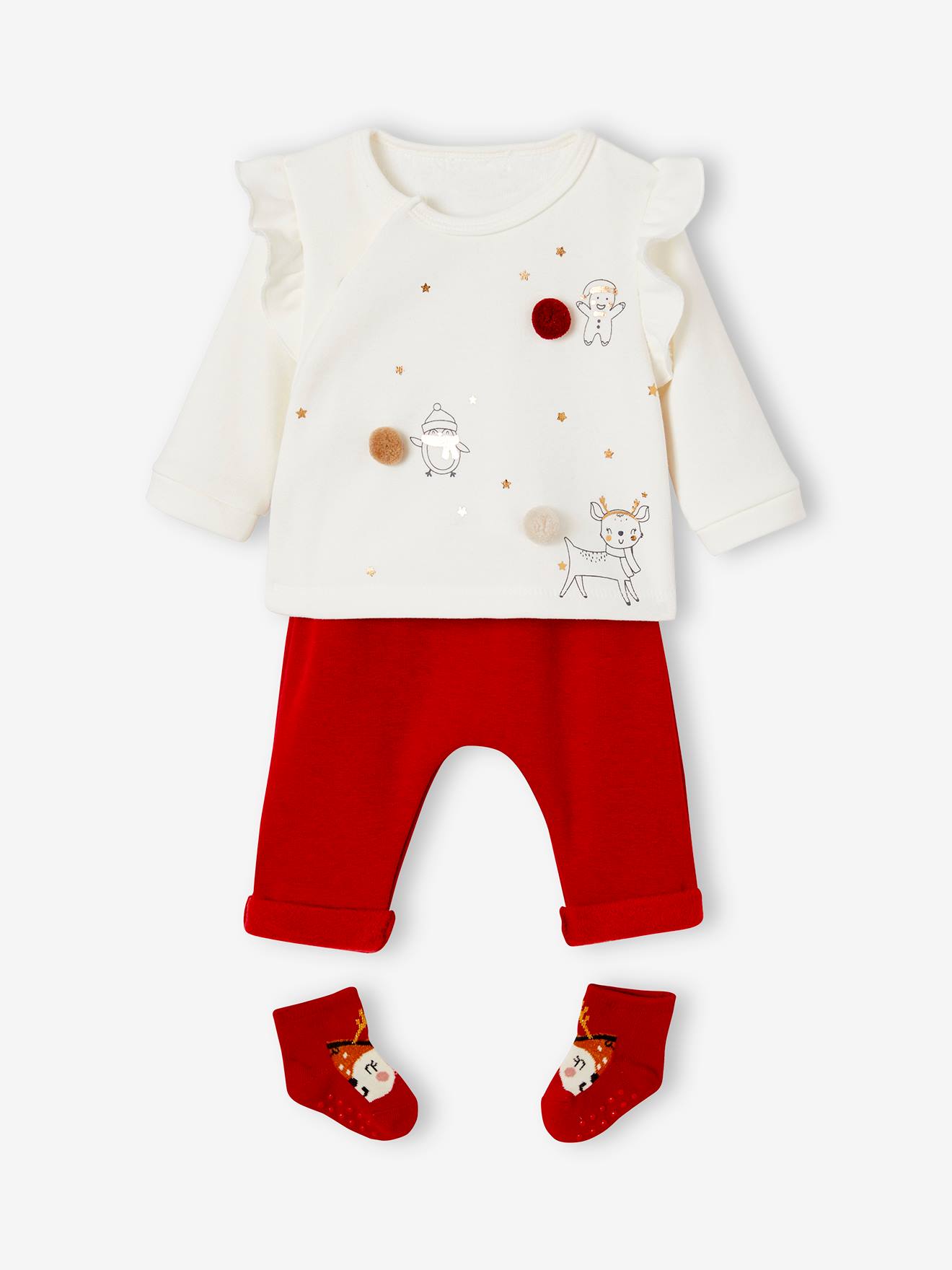 Ensemble 3 pièces bébé sweat + pantalon + chaussettes écru