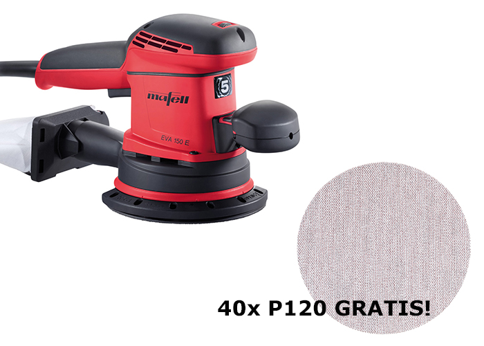 Mafell 1P0189 917710 EVA 150 E/5 ekscentrinis šlifavimo staklės T-Max + Abranet skustuvas 150 mm P120 40 vnt.