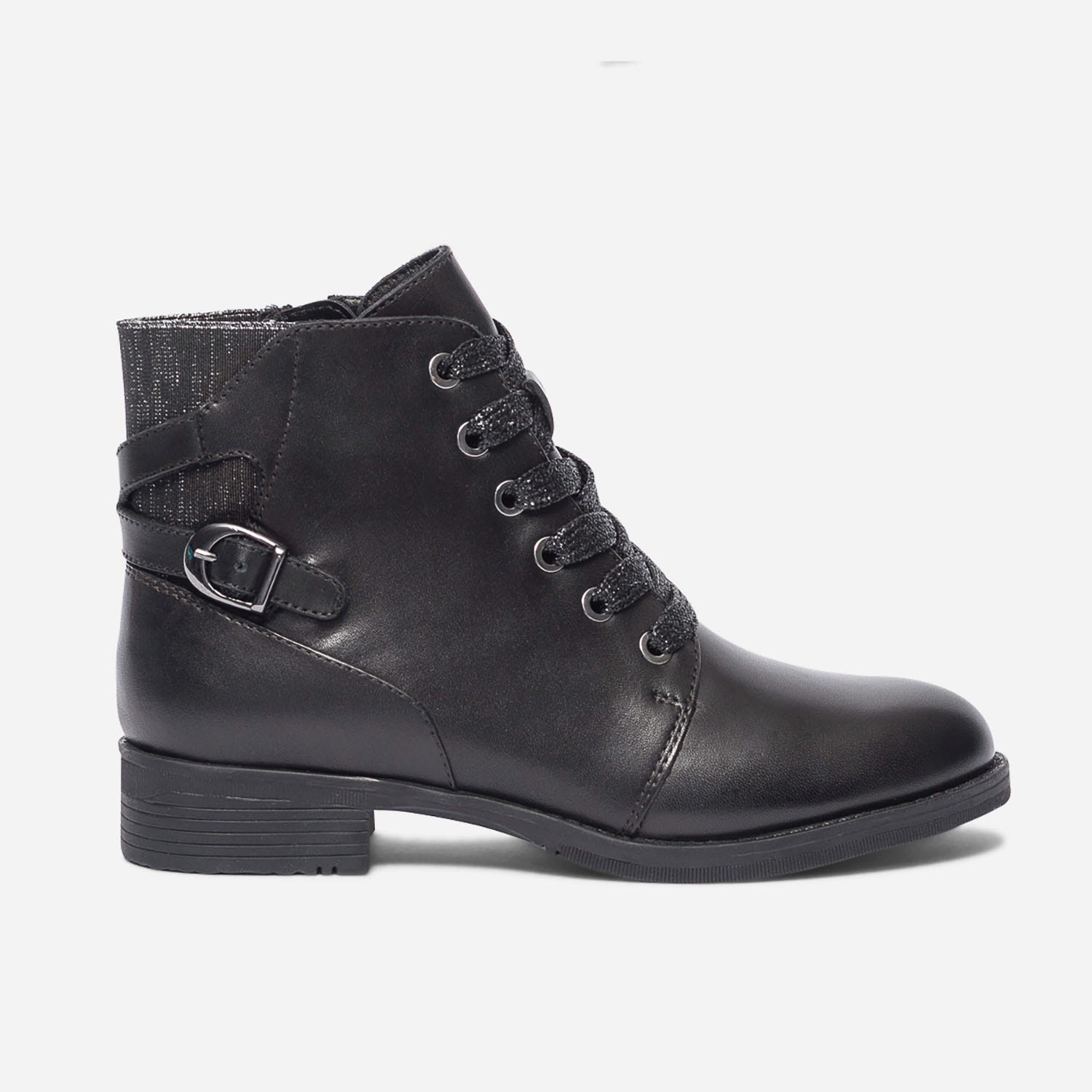 Bottine noire en cuir à élastique et lacet pailletés