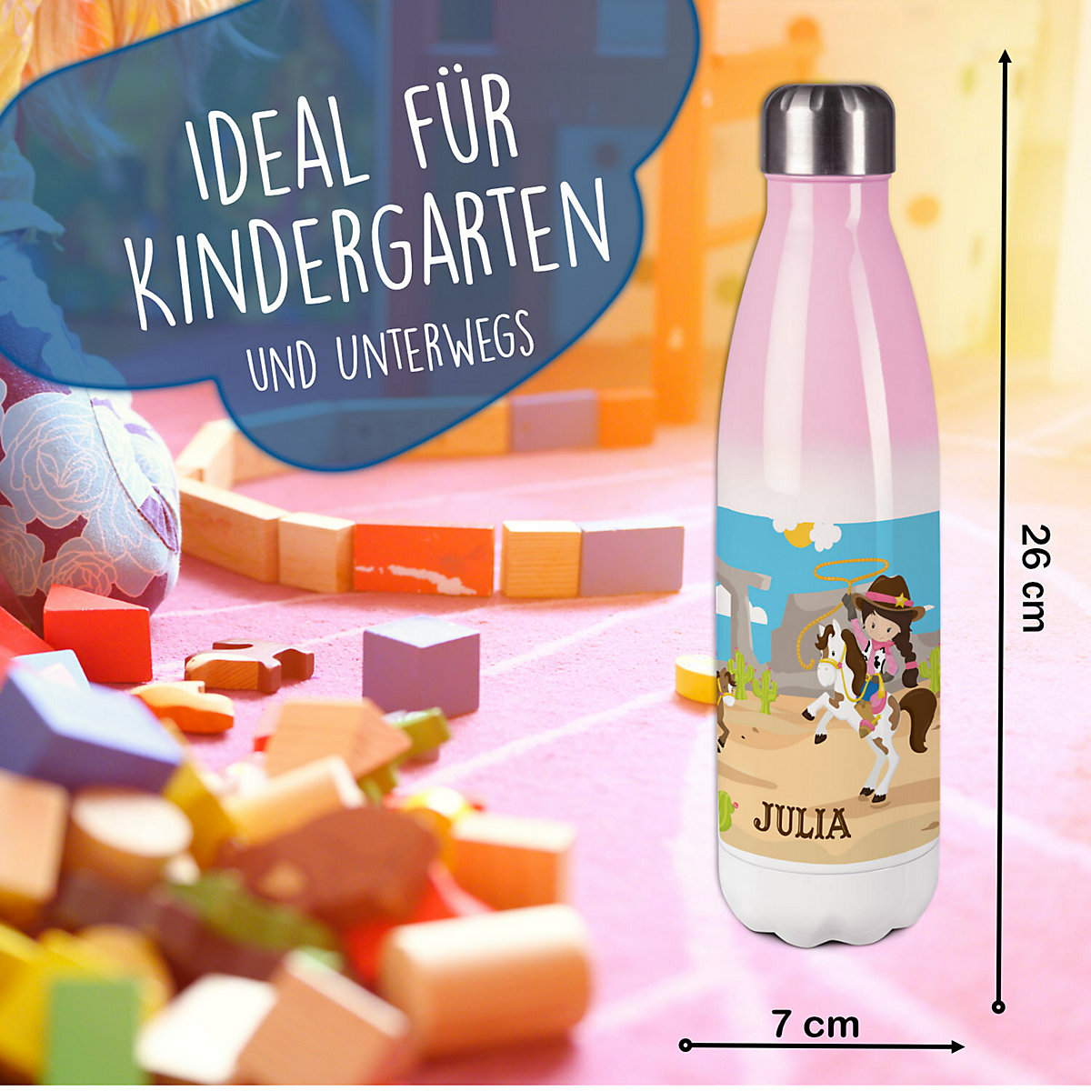 Edelstahl Kinder Thermoflasche / Trinkflasche bunt Cowgirl Spülmaschinenfest, Auslaufsicher, Bruchfest, Doppelwandig, Für Heißgetränke geeignet, Mit Deckel, Isoliert