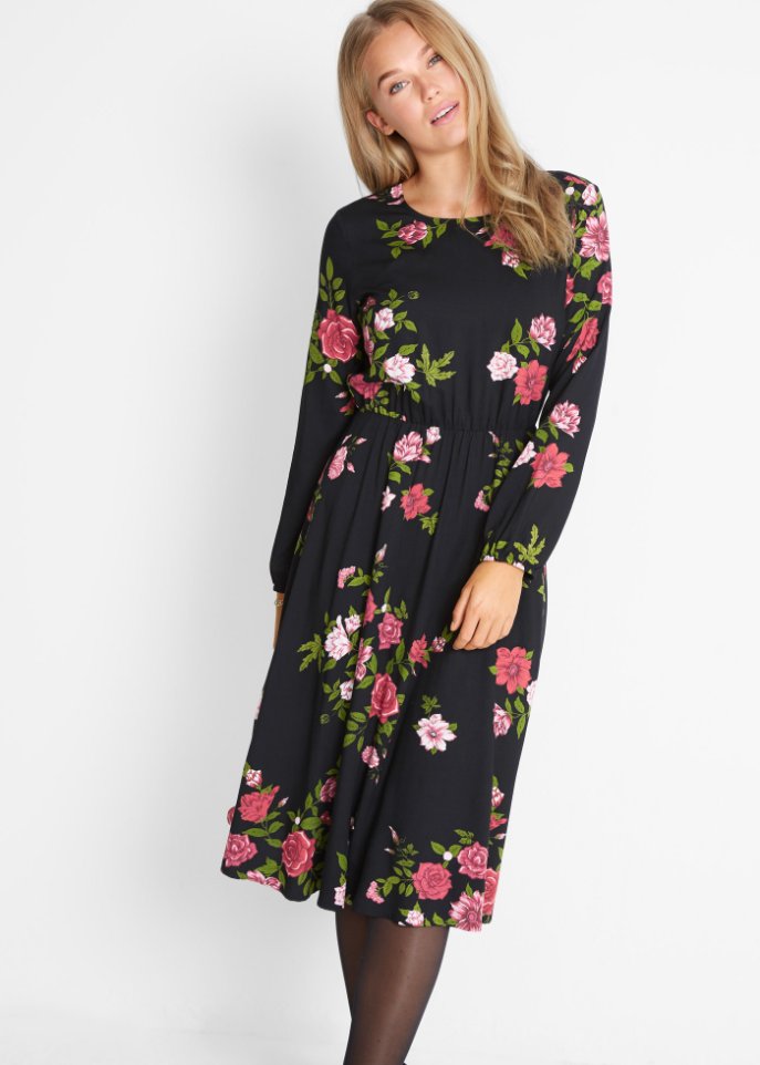 Tailliertes Blusenkleid mit Rundhals, knieumspielend