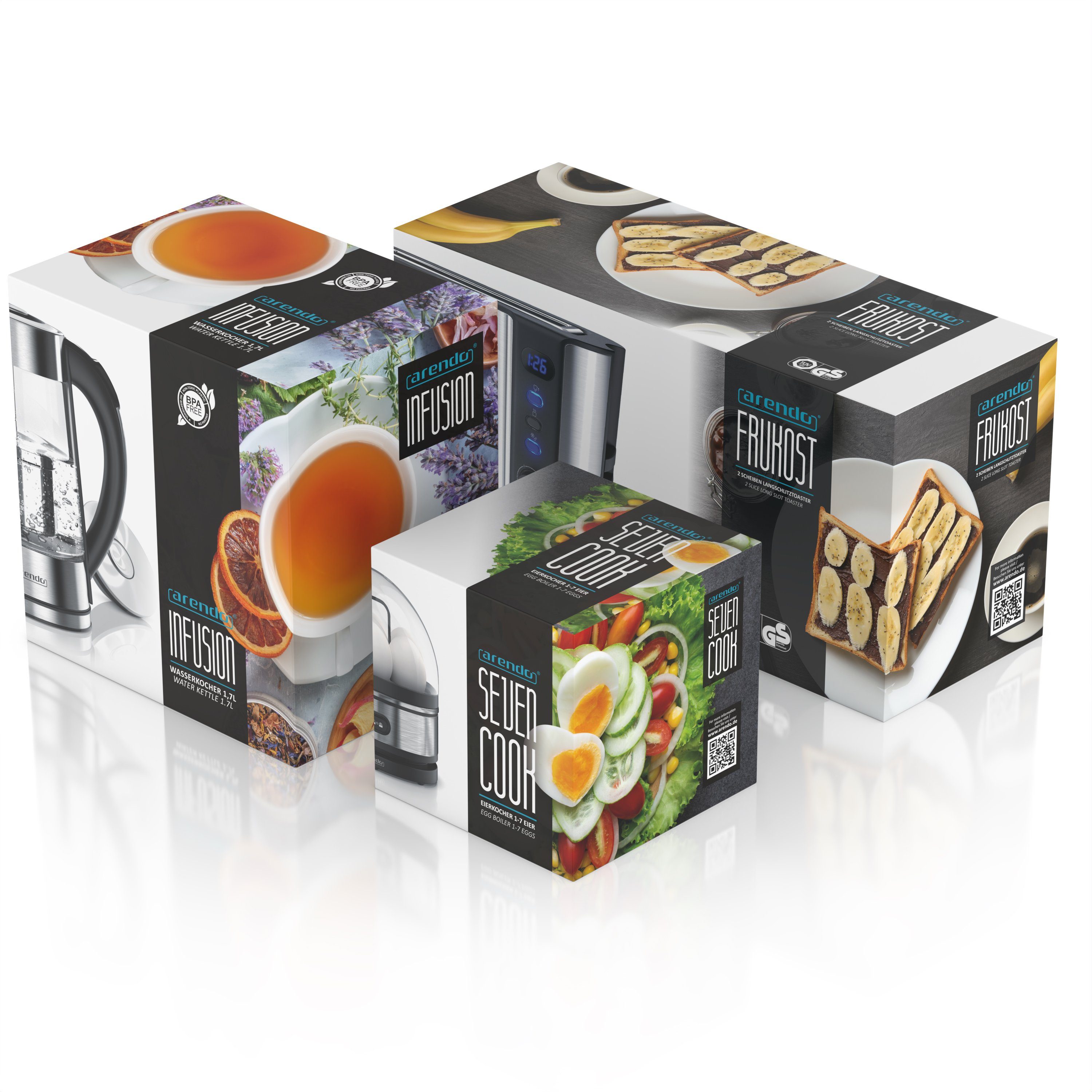 Arendo Frühstücks-Set (3-tlg), Wasserkocher 1,7l, 2-Scheiben Toaster, Eierkocher 7-fach, Edelstahl