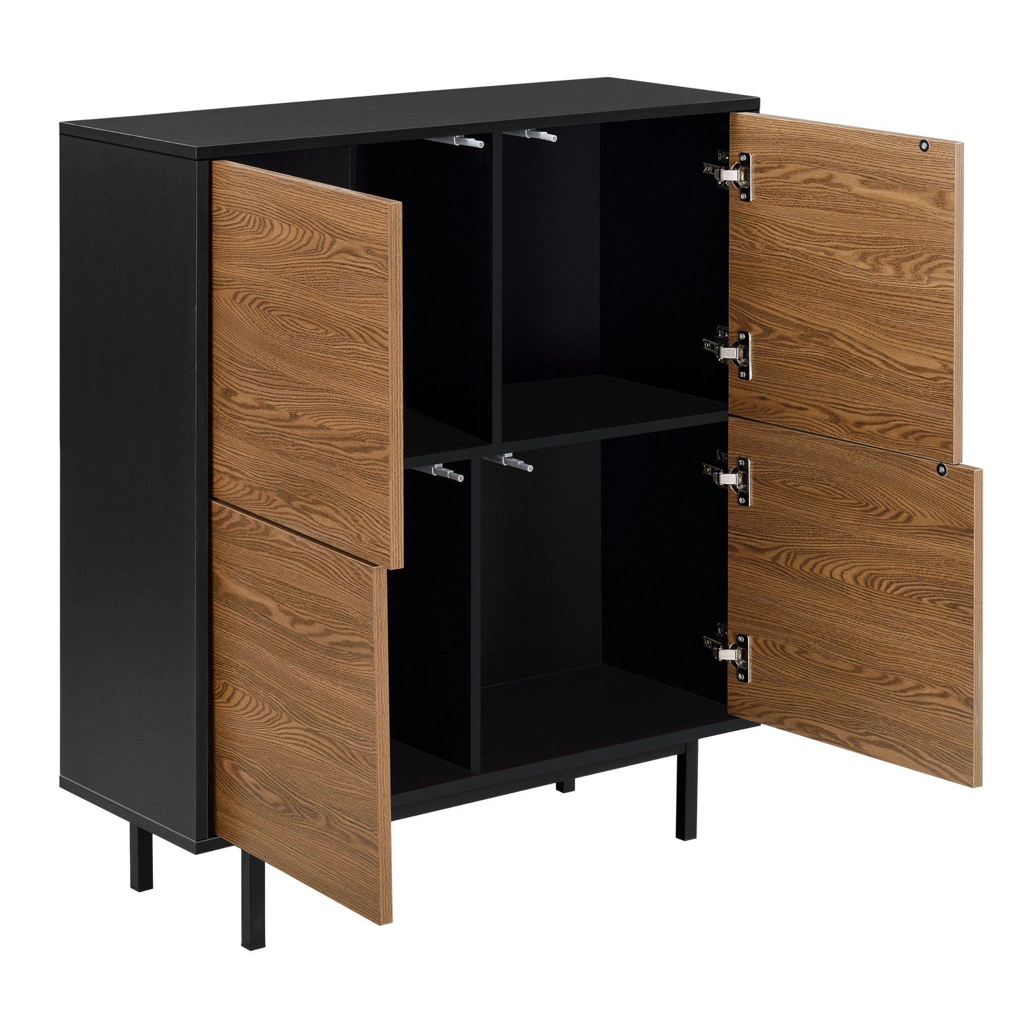 en.casa Beistellschrank Gnosjö Kommode 4 Türen Push-to-open-Technik Schwarz/Dunkler Holzton
