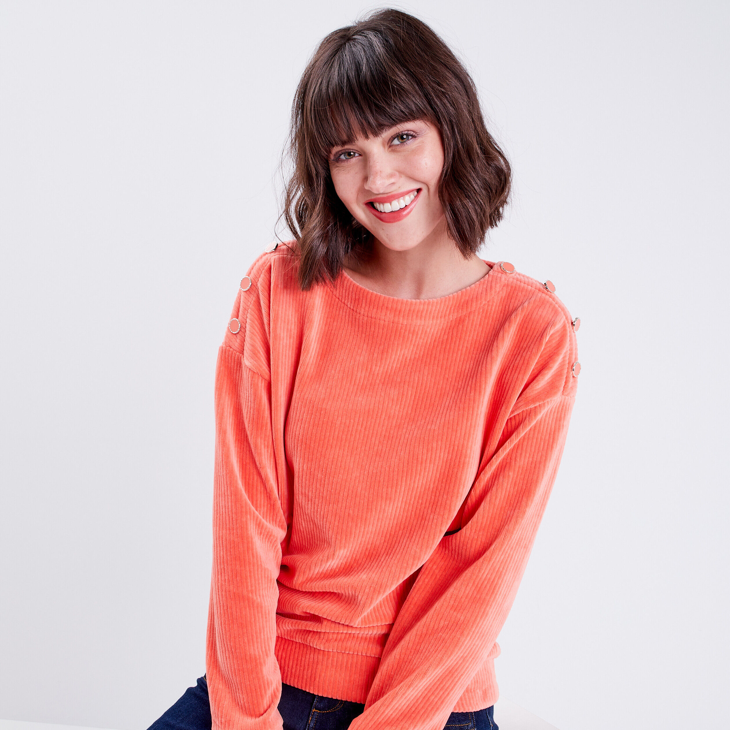 Sweat manches longues velours orange corail femme | Cache Cache
