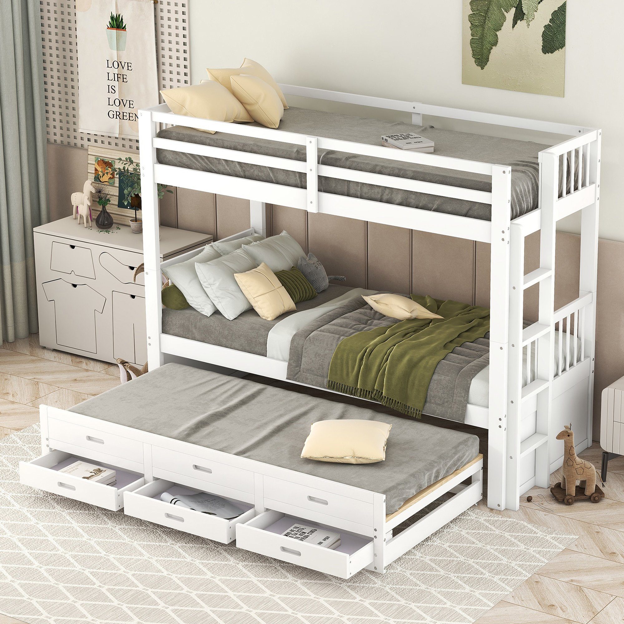 REDOM Bett Etagenbett Kinderbett Hausbet Einzelbett (Bettgestell aus Kiefer und MDF mit Leiter undausziehbarem Bett, 3 Schubladen), 90x200cm, Matratze nicht enthalten