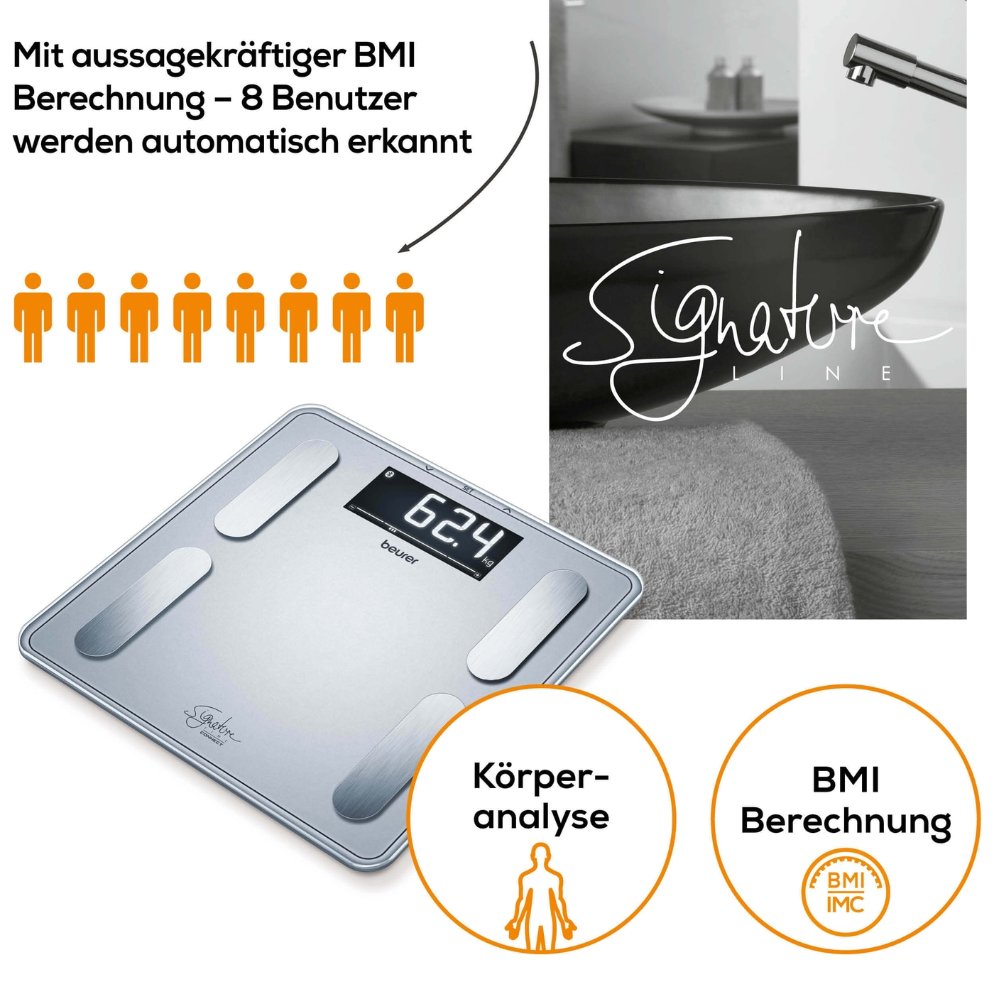 Beurer Diagnosewaage BF 405 Signature Line-Körperfettwaage mit Ganzkörperanalyse, Interpretation der Messwerte & App-Anbindung - bis 200 kg