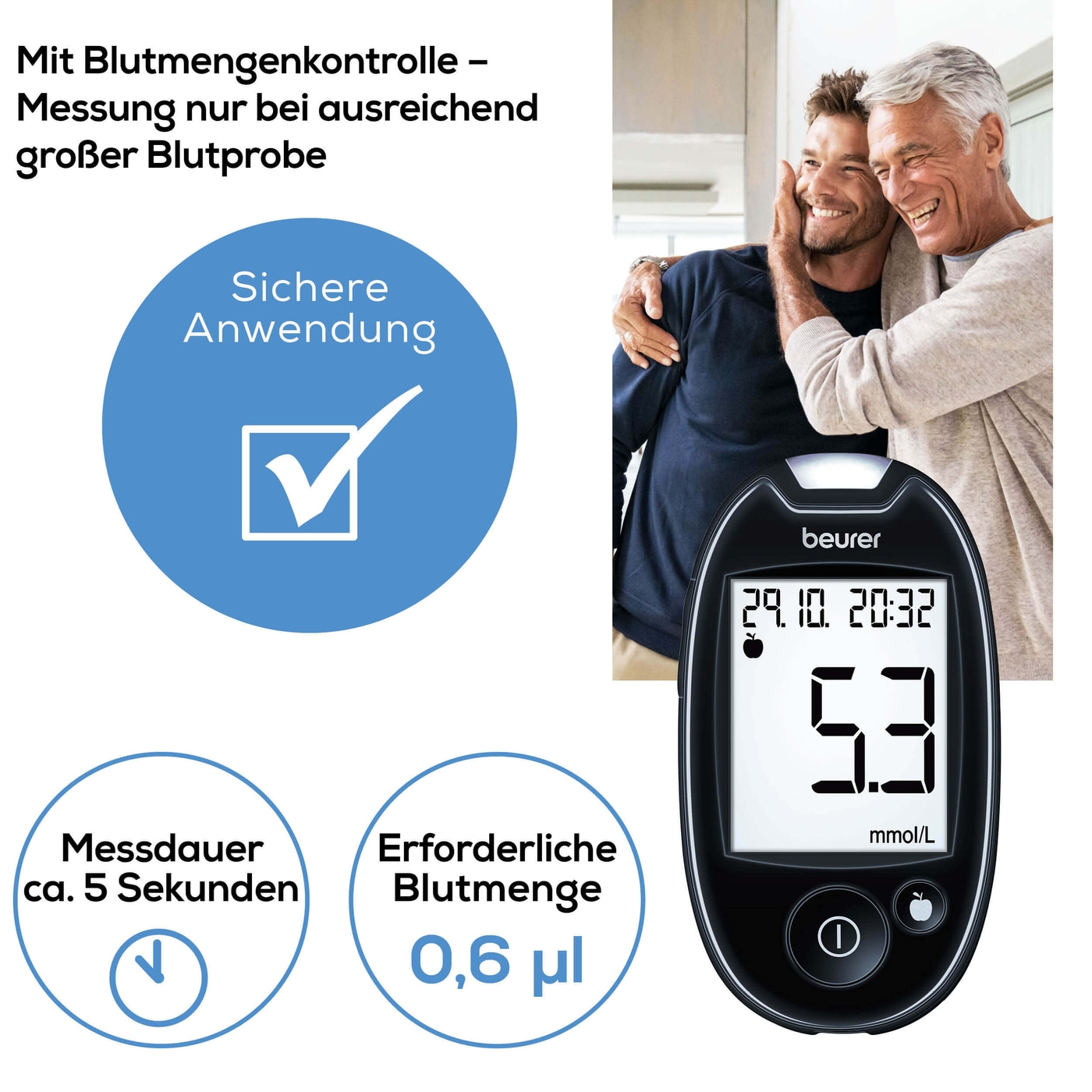 Beurer Blutzuckermessgerät GL 44 White mmol/L-Blutzuckermessgerät mit Blutmengenkontrolle & App-Anbindung