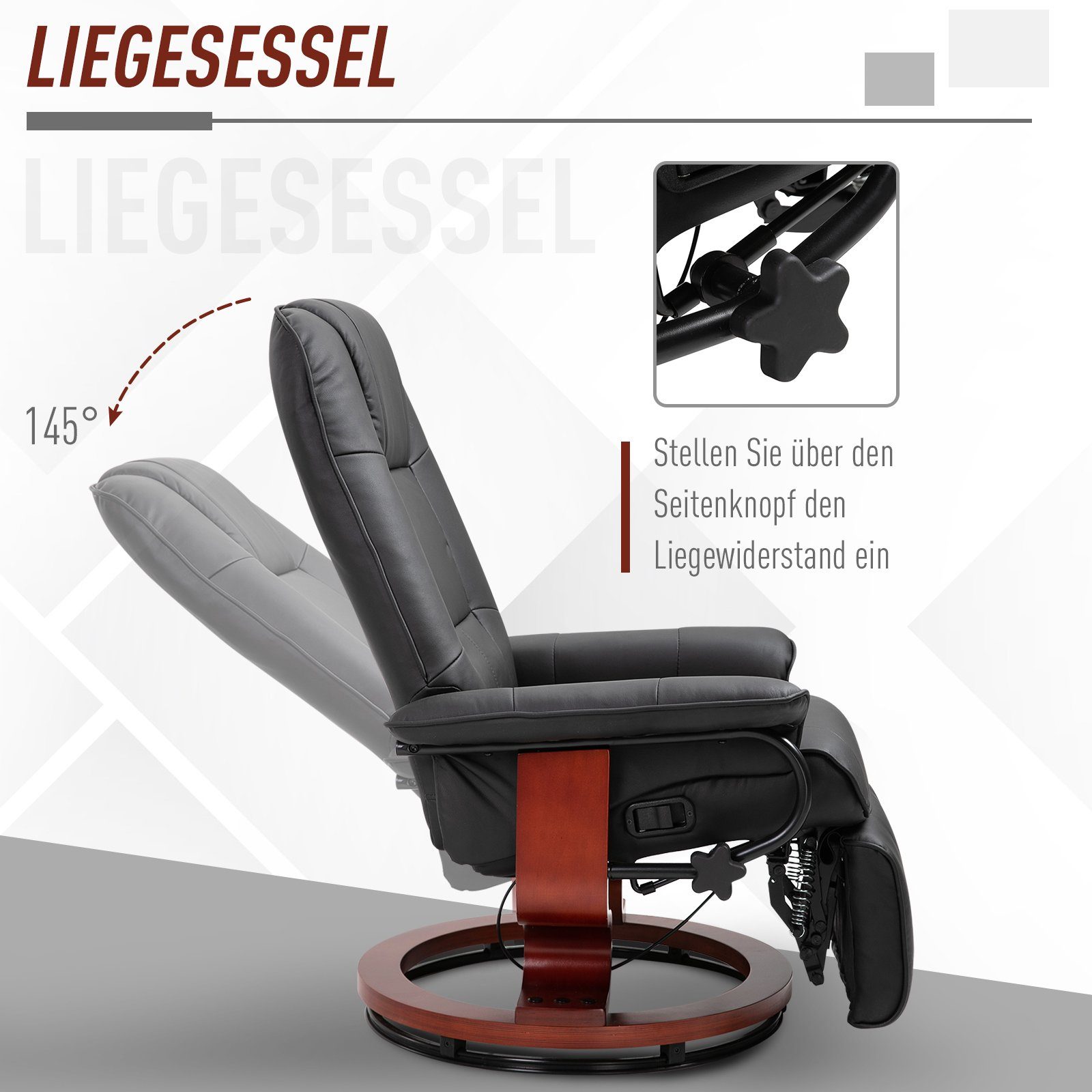 HOMCOM Relaxsessel Fernsehsessel Liegesessel Drehstuhl Holzfuß neigbar Schwarz