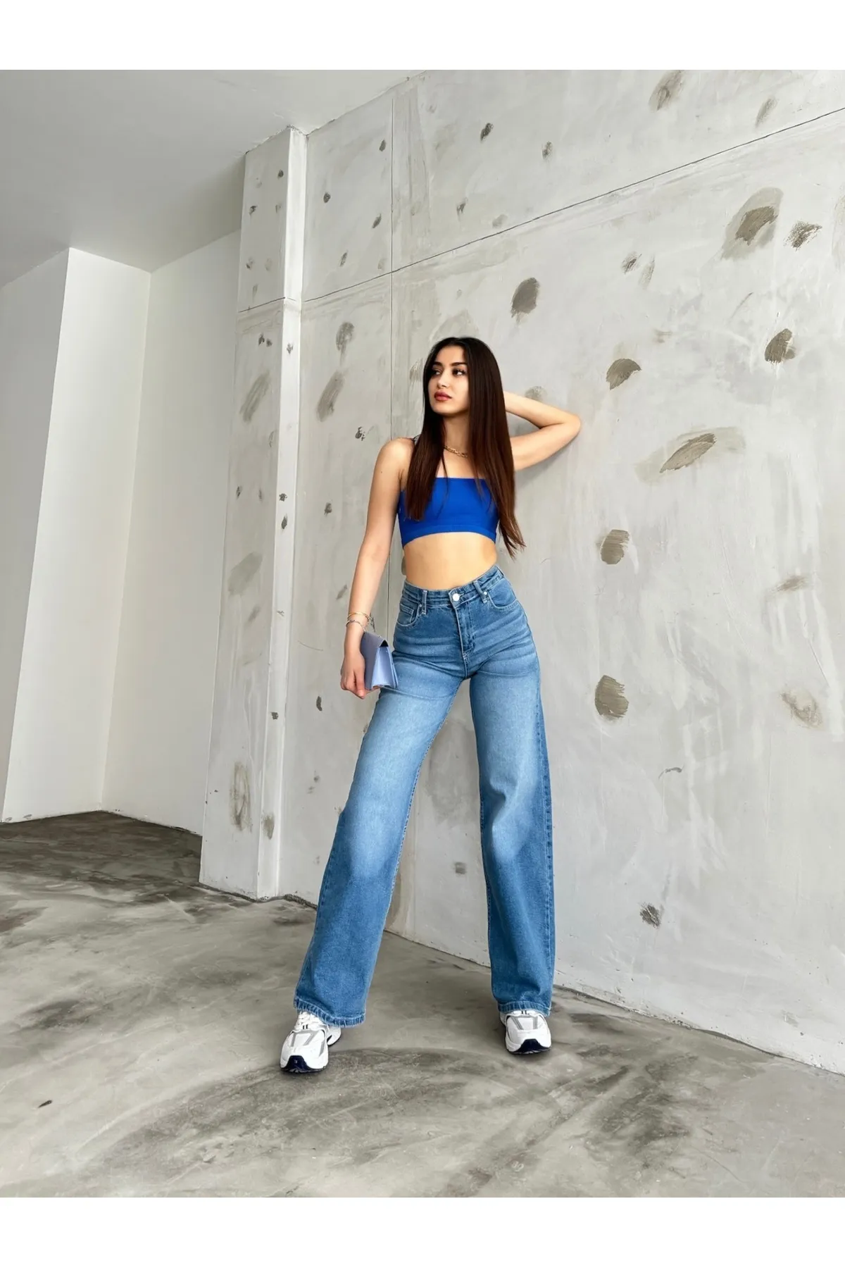 BİKELİFE  Damen-Jeans im Vintage-Stil mit hoher Taille und weitem Bein in hellem Effekt