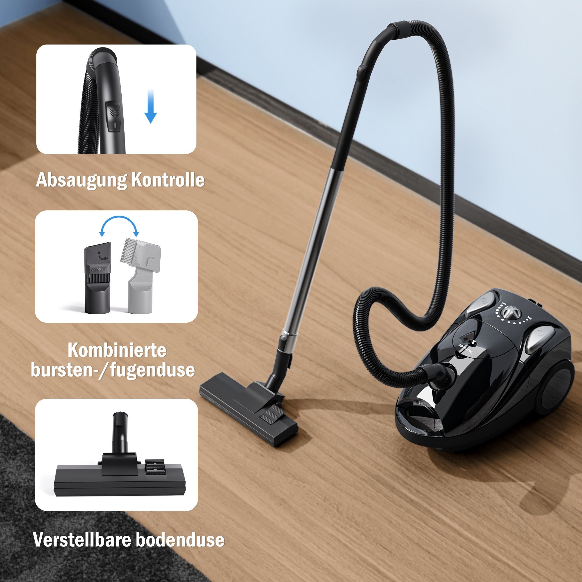 Mutoy Bodenstaubsauger Bodenstaubsauger, Staubsauger,Power Efficiency Motor, 1200,00 W, mit Beutel, Einstellung der Saugleistung,Automatischer Kabeleinzug,für Hartboden
