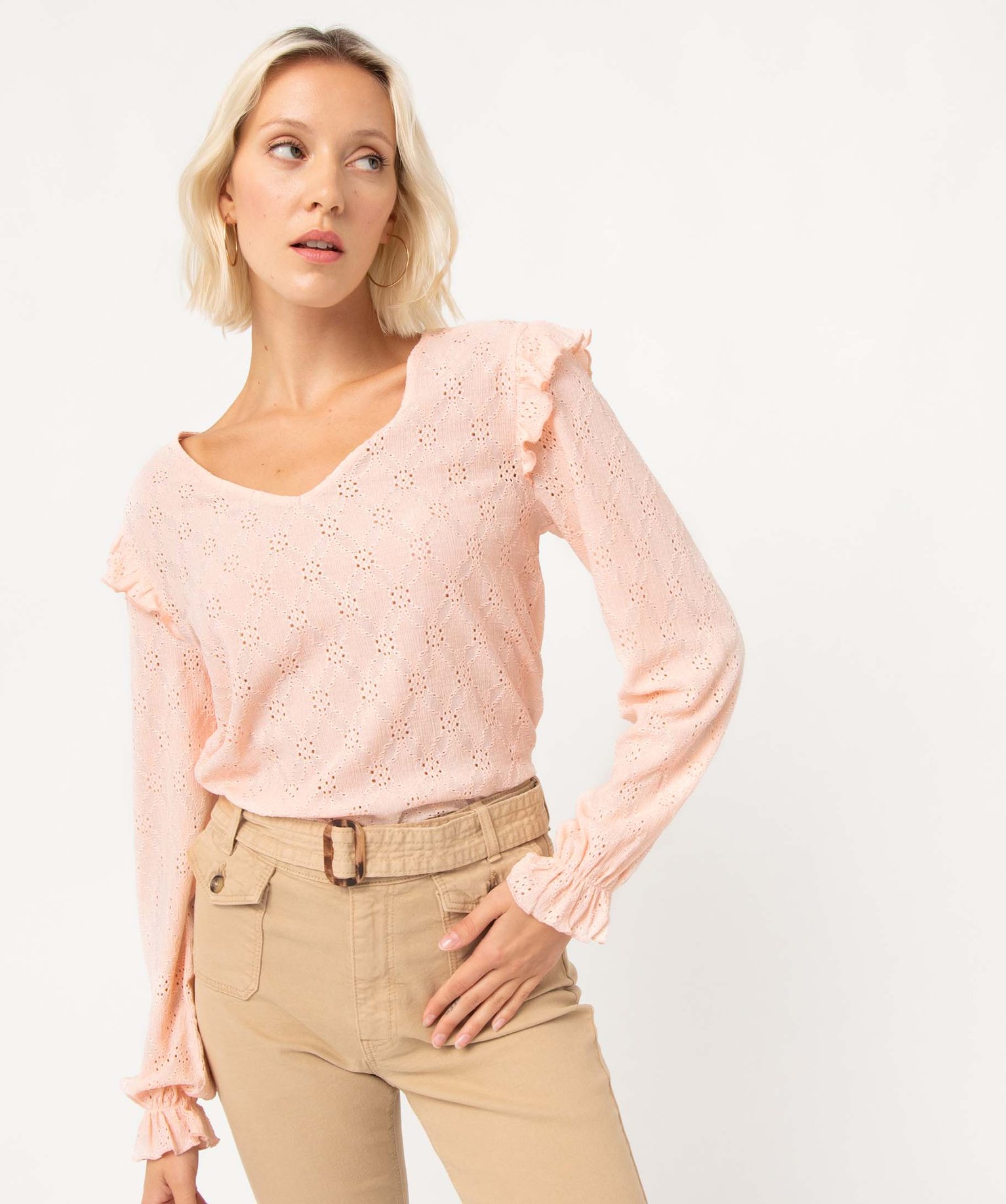Tee-shirt femme à manches longues en maille ajourée rose | GEMO