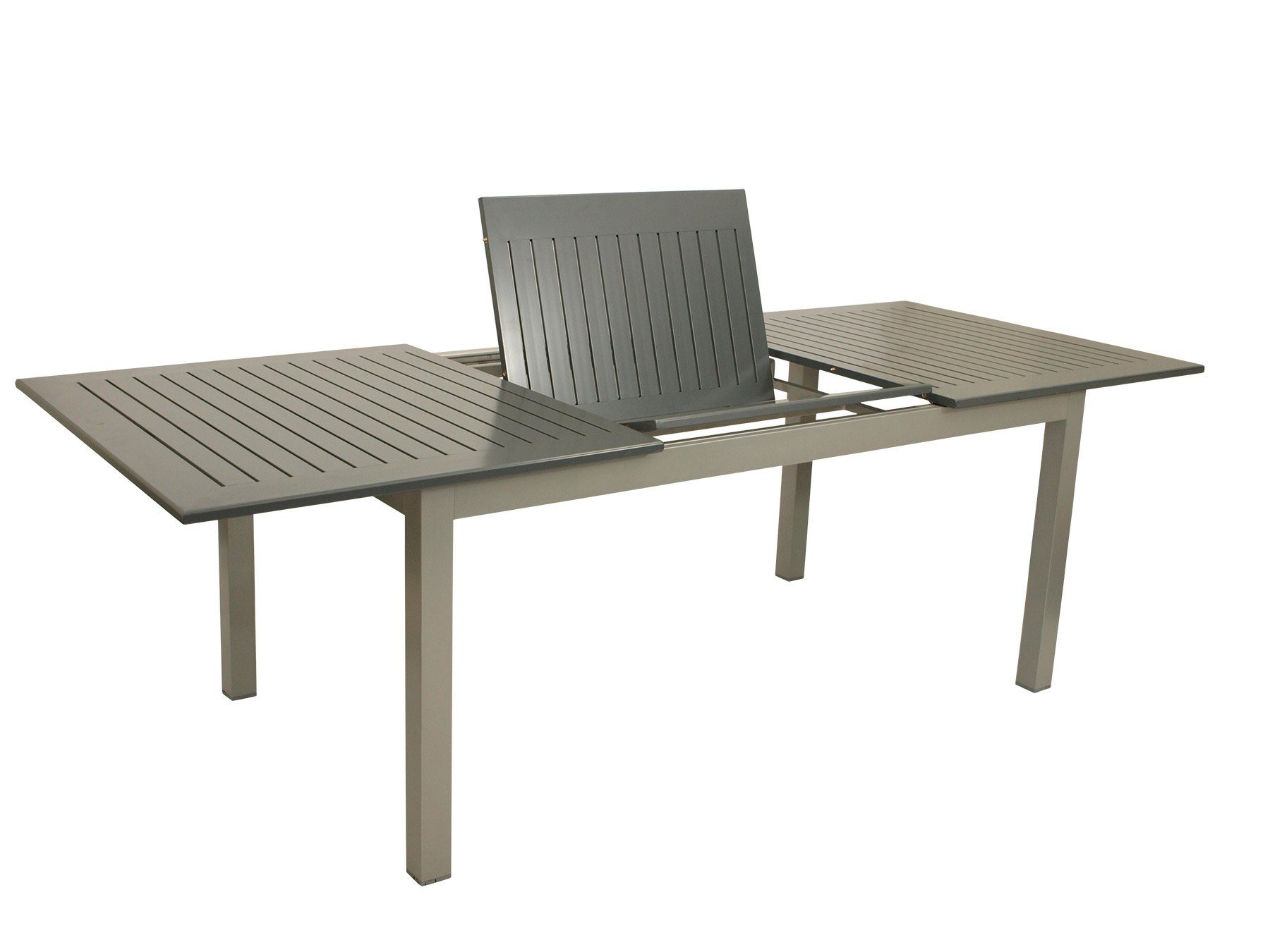 DEGAMO Garten-Essgruppe BAJAZZO 7-teilig, 6x Stapelsessel, 1x Ausziehtisch 175/245x100cm, Alu silbergrau