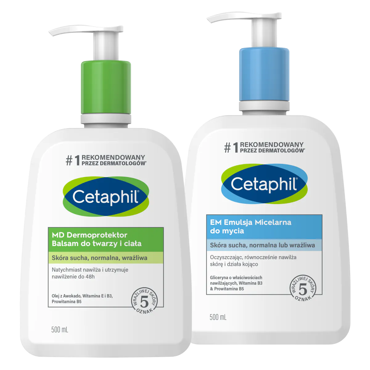 Σετ Καλλυντικών Cetaphil: Μικελιακό Γαλάκτωμα EM, 500 ml + Βάλσαμο Προσώπου και Σώματος MD Dermoprotector, 500 ml