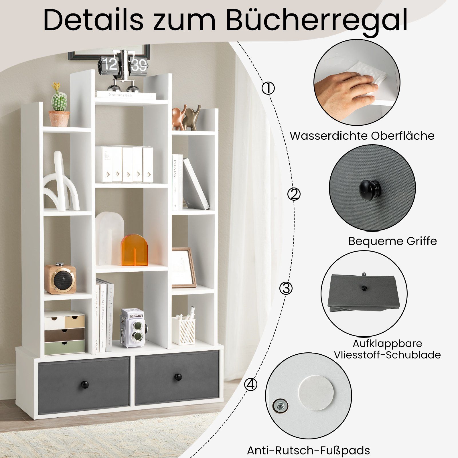 COSTWAY Bücherregal, Standregal mit 12 Fächern und 2 Schublade, 53x24x118cm
