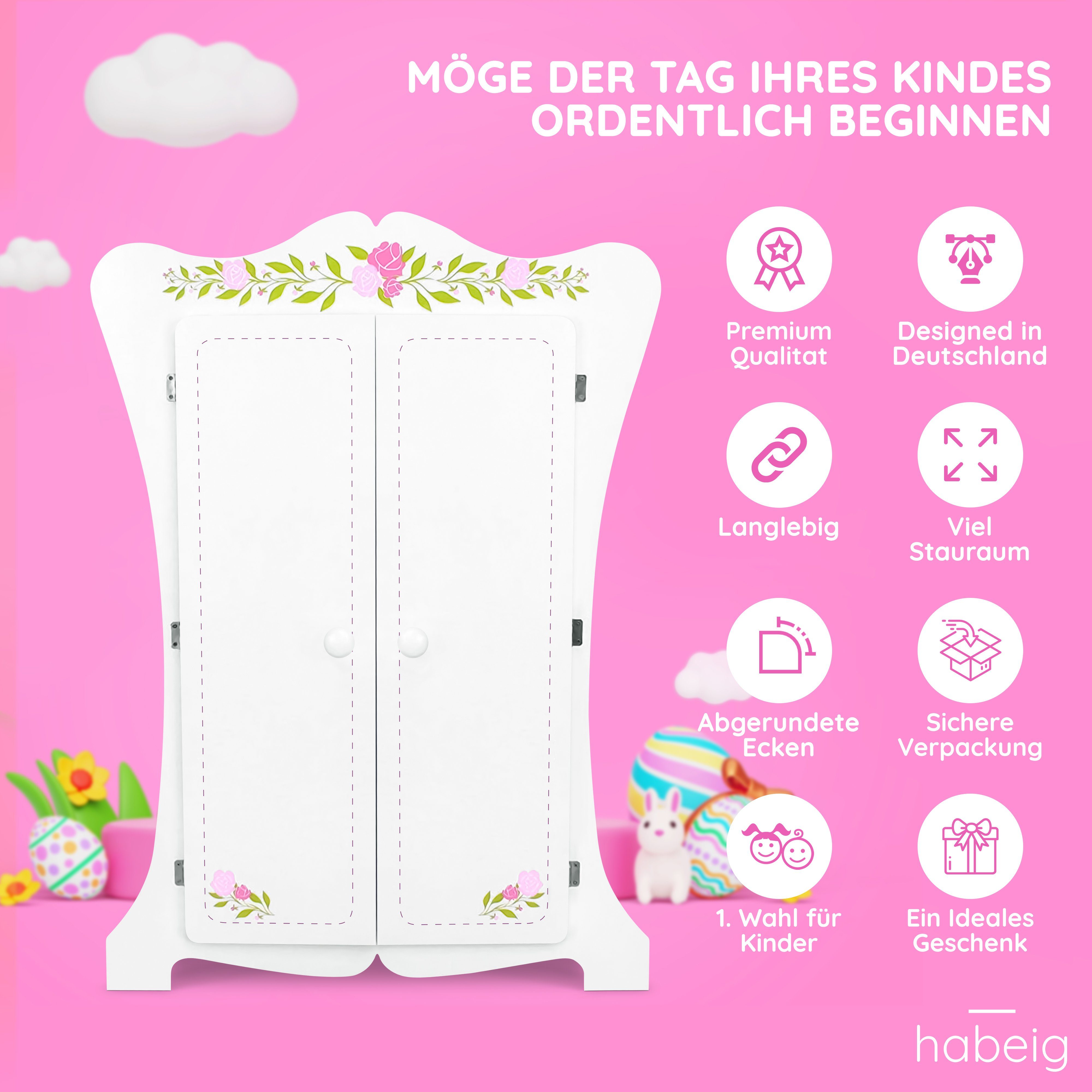 habeig Kleiderschrank Kinderschrank Kleiderschrank 70cm Wandschrank weiß Puppenschrank #355