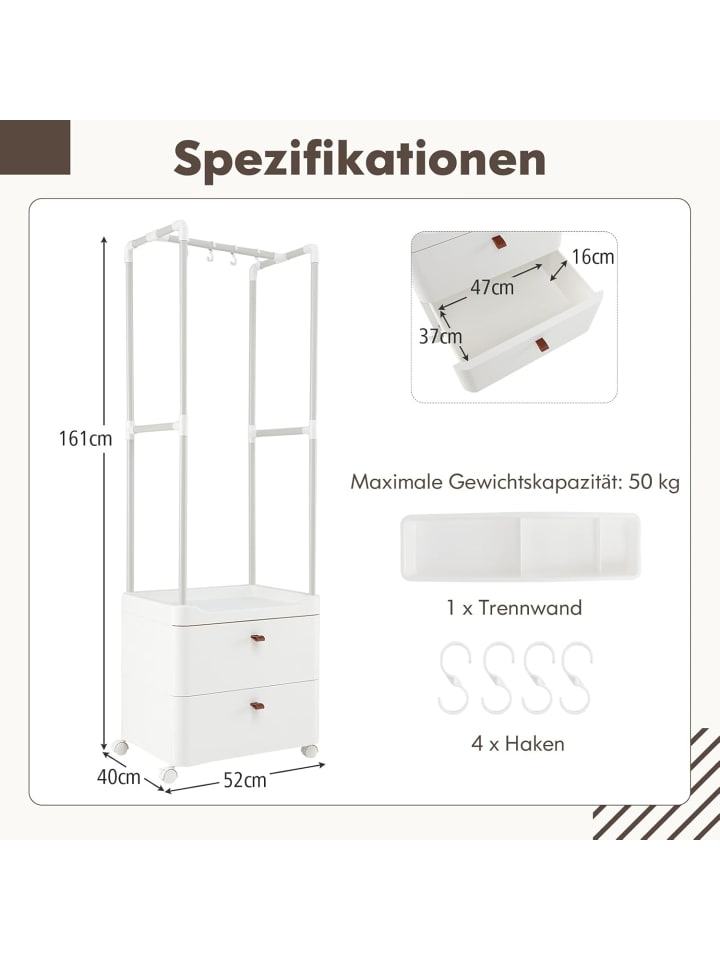 COSTWAY Kleiderständer mit 2 Schubladen 52 x 40 x 161 cm in Weiß günstig kaufen onesize