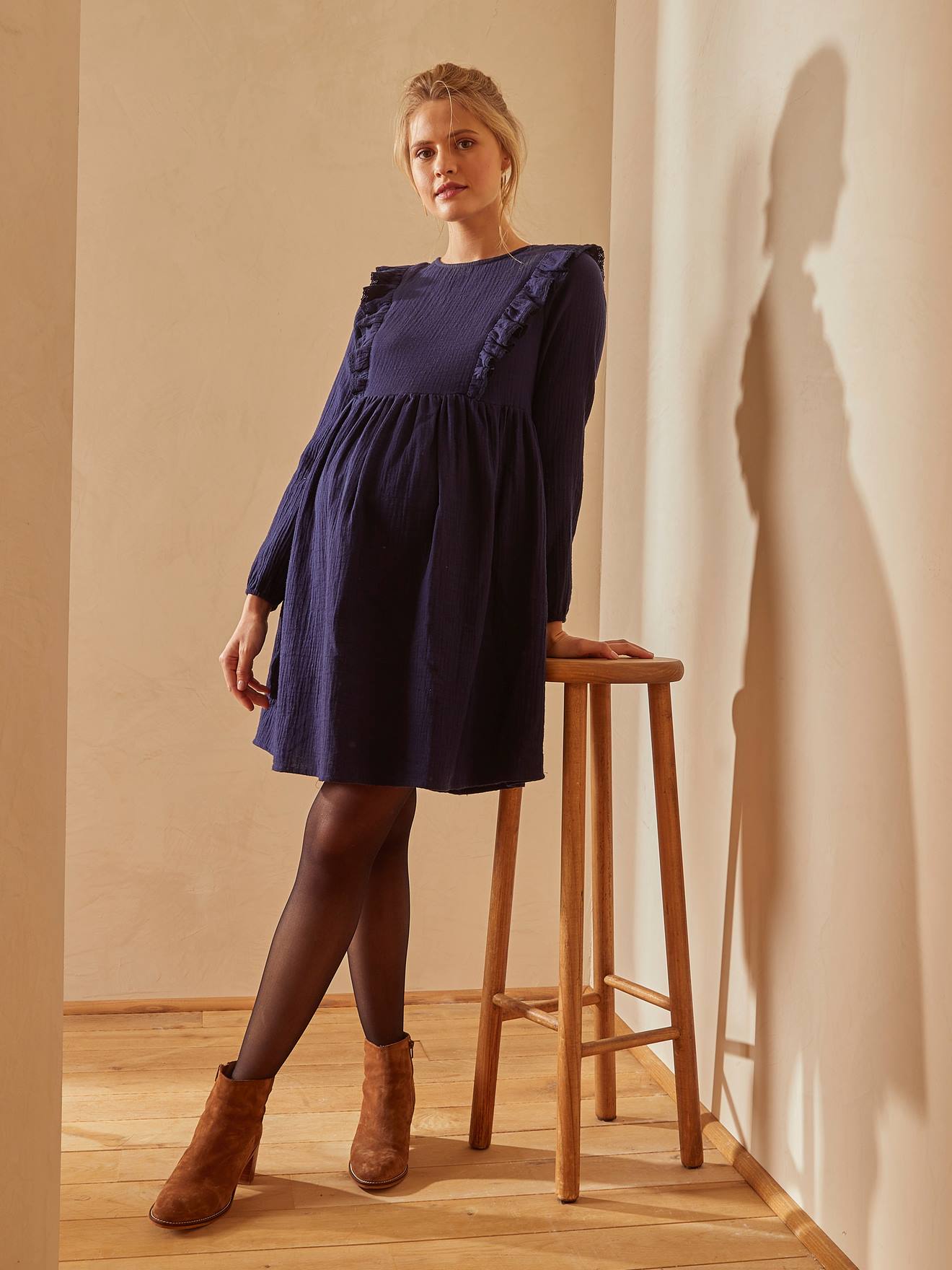 Robe gaze de coton de grossesse et d'allaitement encre