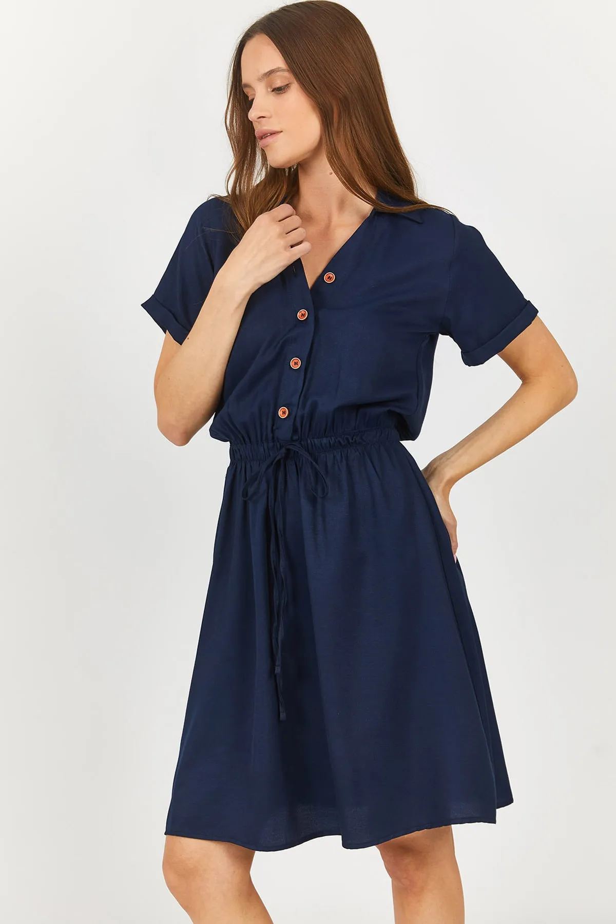 armonika  Marineblaues, kurzärmliges Hemdkleid mit elastischer Taille für Damen Arm-23y001035