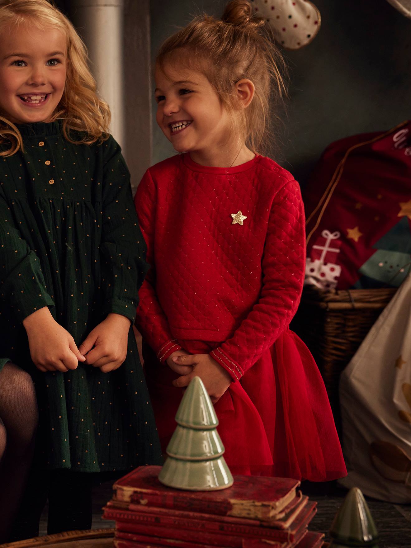 Robe de Noël fille bi-matière rouge brique