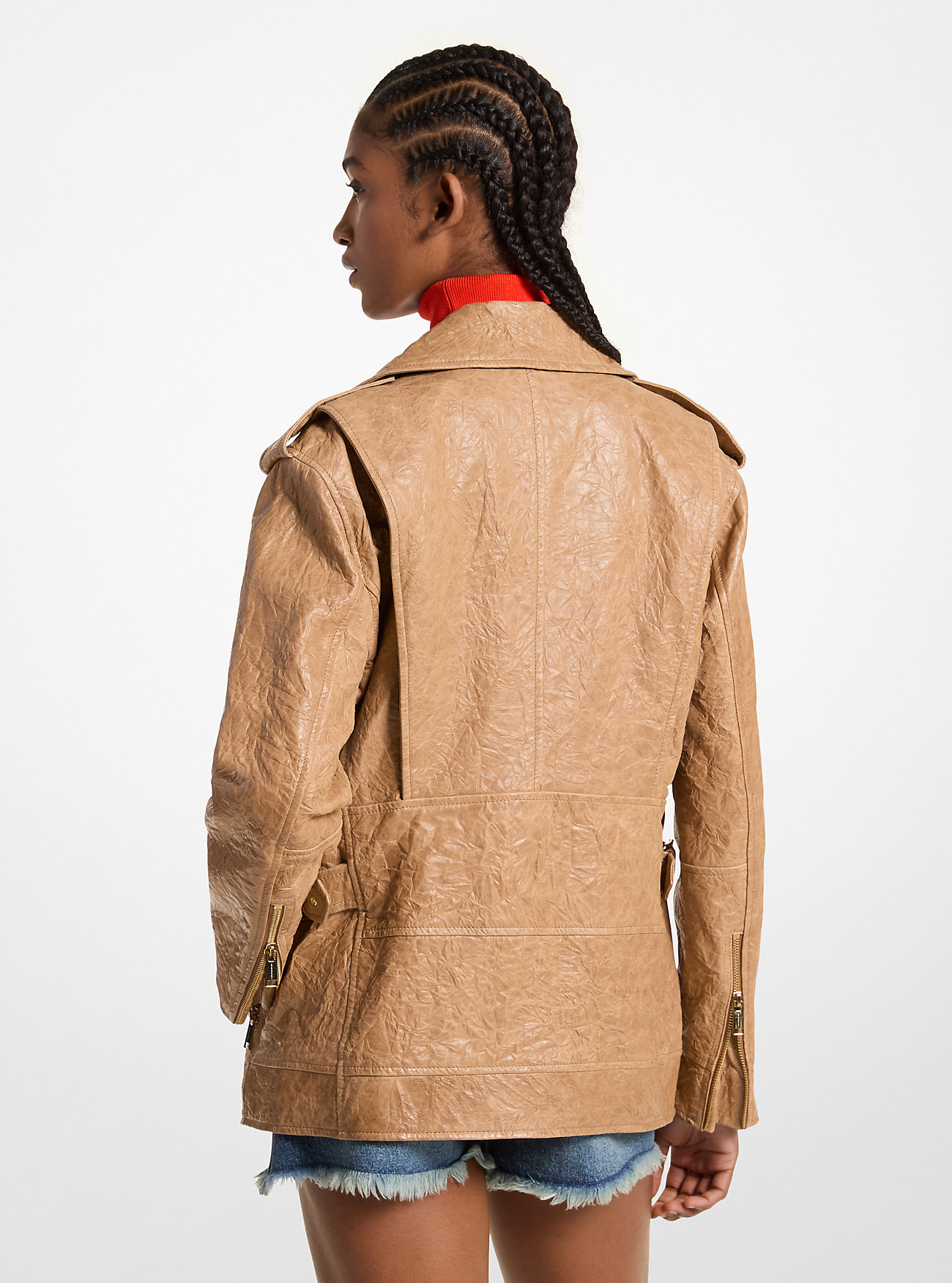 Oversized Crinkled Leather Moto Jacket - DARK CAMEL