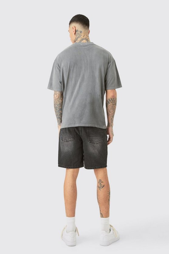 Tall zerrissene Slim-Fit Jeansshorts in Schwarz