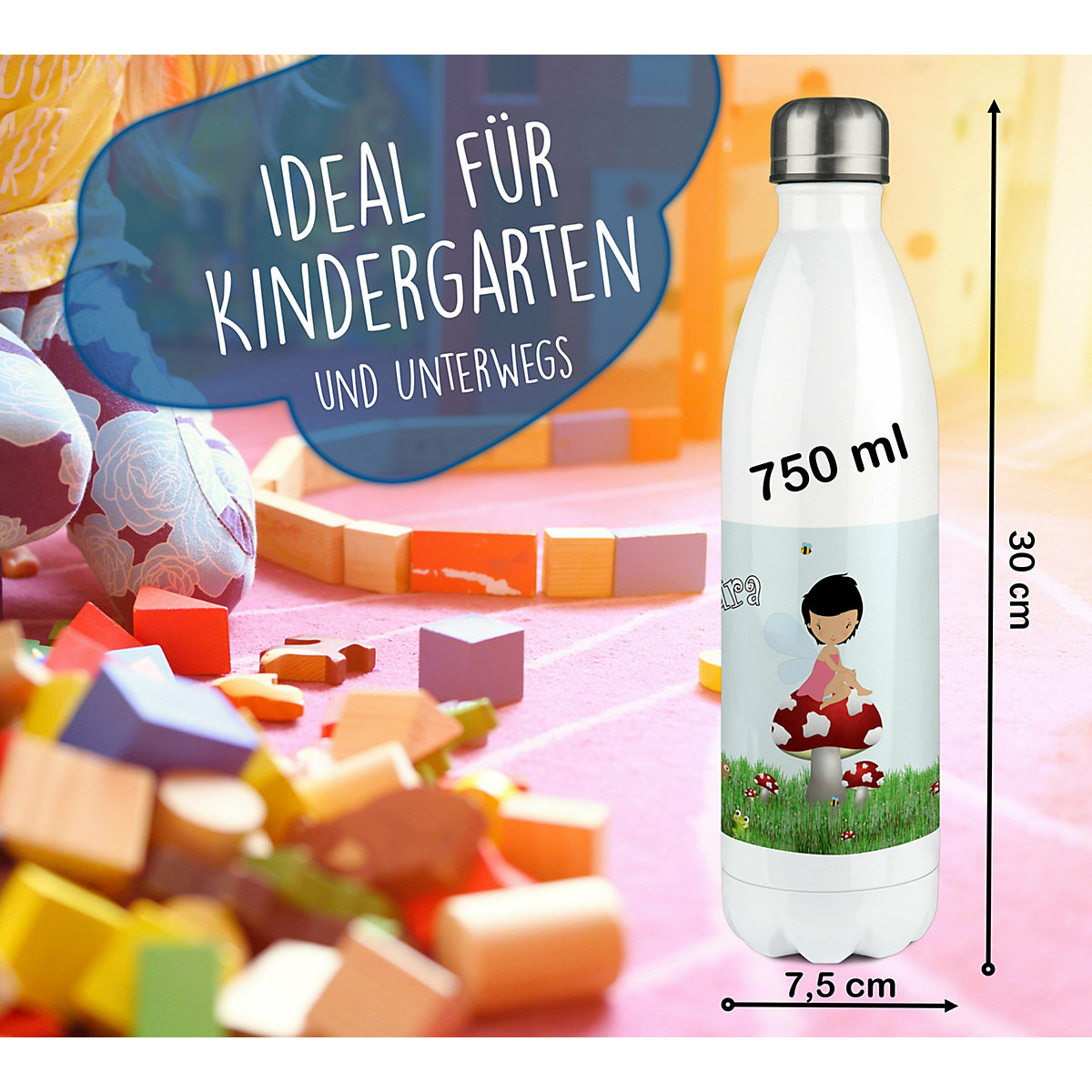 Edelstahl Kinder Thermoflasche / Trinkflasche bunt Waldfee Spülmaschinenfest, Auslaufsicher, Bruchfest, Doppelwandig, Für Heißgetränke geeignet, Mit Deckel, Isoliert