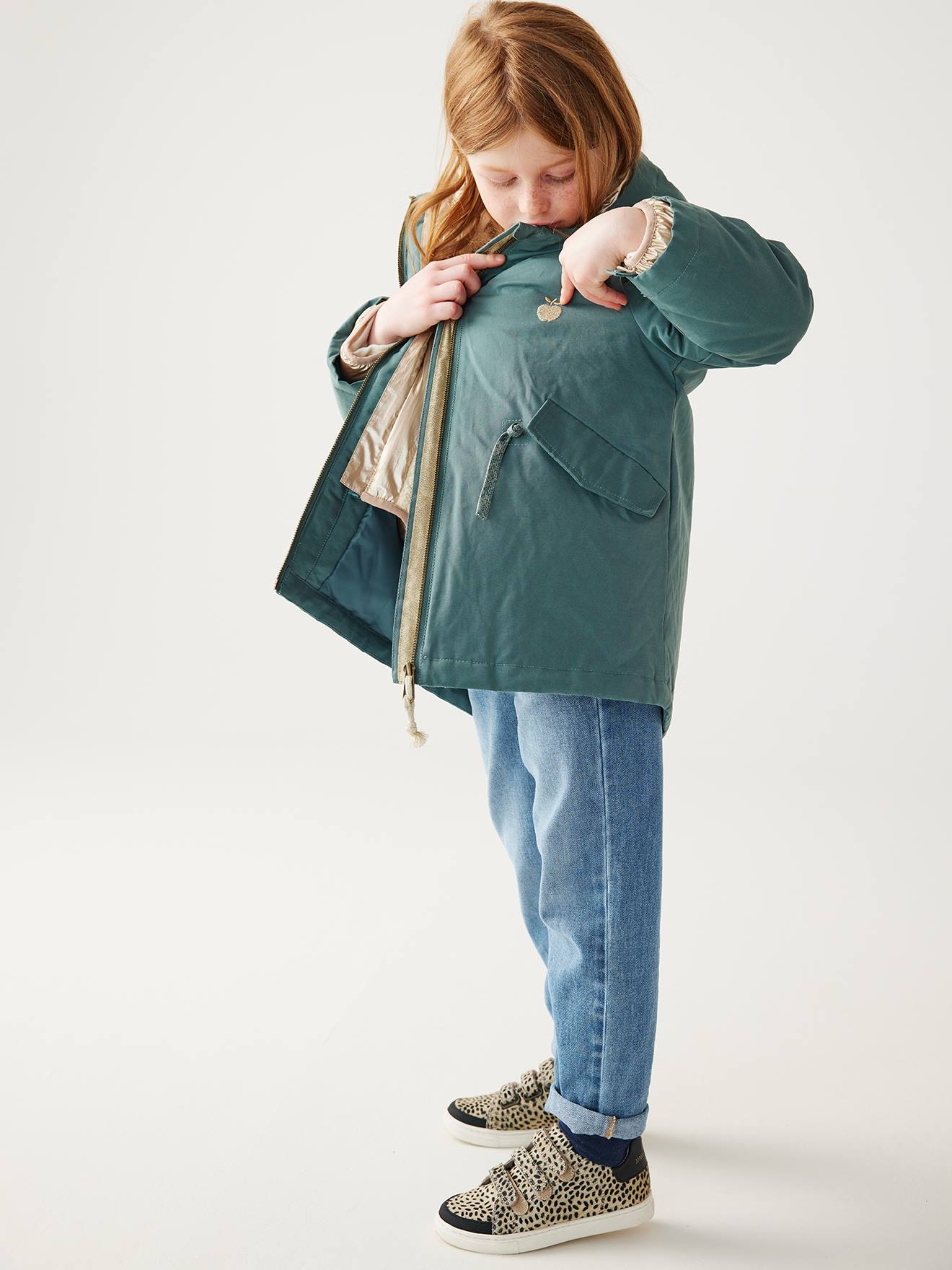 Parka à capuche 3 en 1 fille avec doudoune brillante doublée sherpa camel