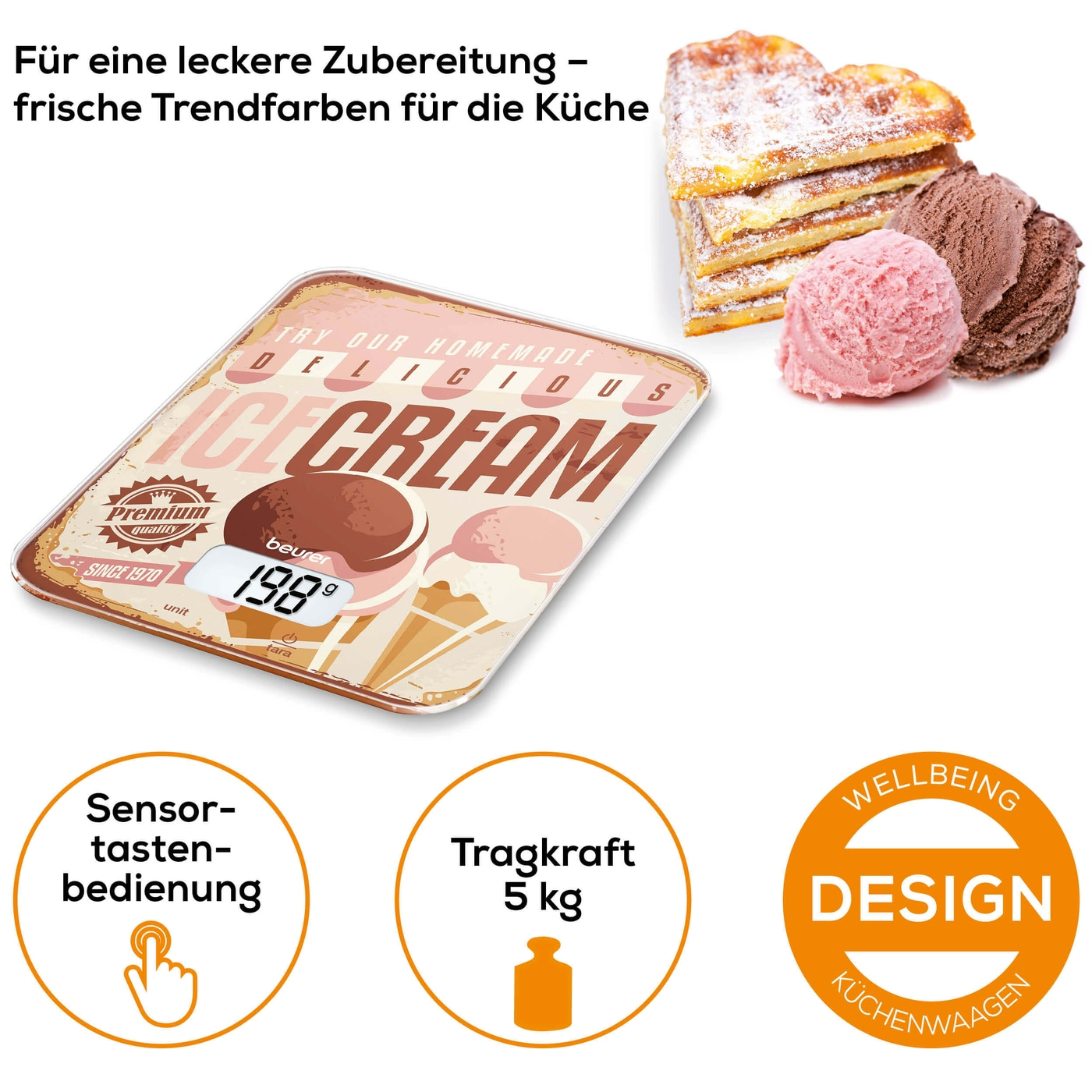 Beurer Küchenwaage KS 19 Ice Cream-Küchenwaage mit stylischer Glasoberfläche & Tarafunktion