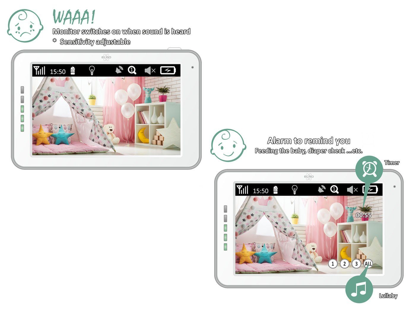 Elro Video-Babyphone, Nachtlichtfunktion & 3 Schlaflieder, Baby Cam mit Monitor, Kamera & Gegensprechfunktion übers Handy steuern