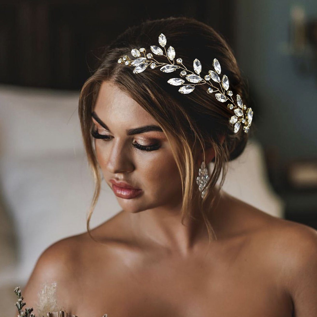 HOHEA H Haarband Kristall-Stirnband, Hochzeits-Haarschmuck, Braut-Haarschmuck, 1-tlg., Goldfarbener Haarschmuck für elegante Haaraccessoires für Damen, Haarschmuck aus goldenen Kristall-Haarranken, Blumen und Blättern
