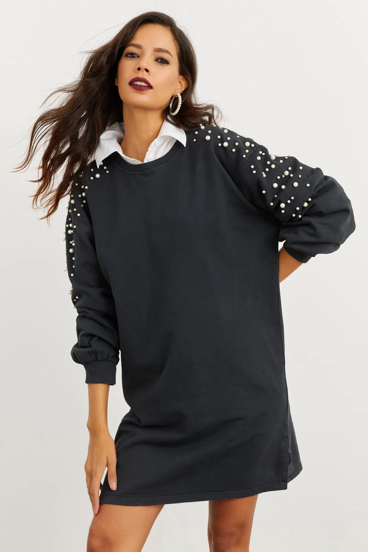 Cool & Sexy  Anthrazitfarbenes Perlen-Sweatkleid für Damen İZ5468