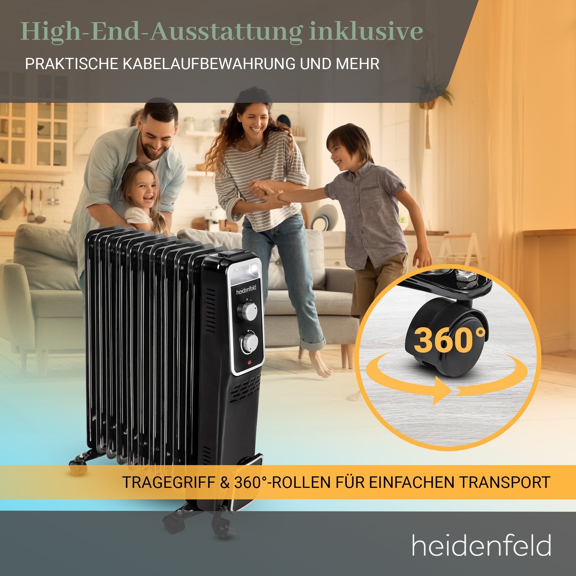 Heidenfeld Ölradiator Mobiler Elektro Heizkörper ÖR100 Heizung inkl. 3 J. Garantie, 2500 W, Thermostat - Heizstrahler - Elektroheizung - Heizlüfter