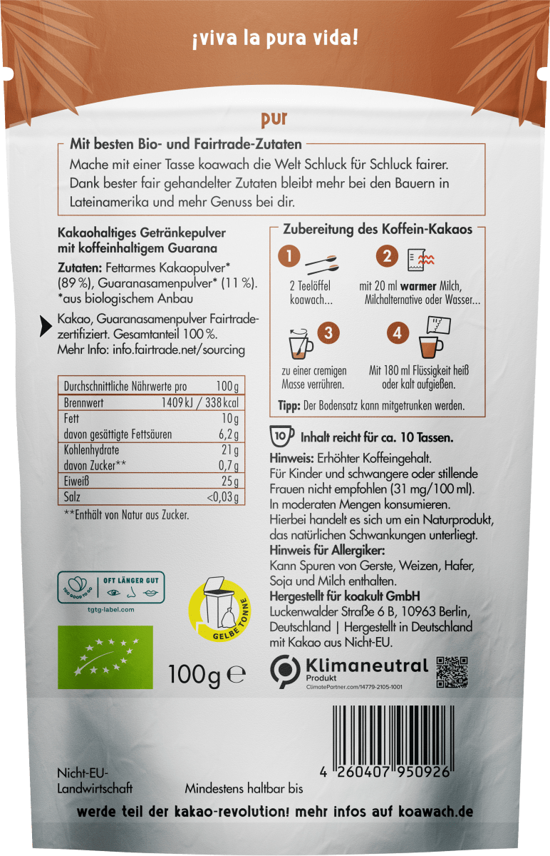 Kakaopulver, pur mit Guarana, 100 g