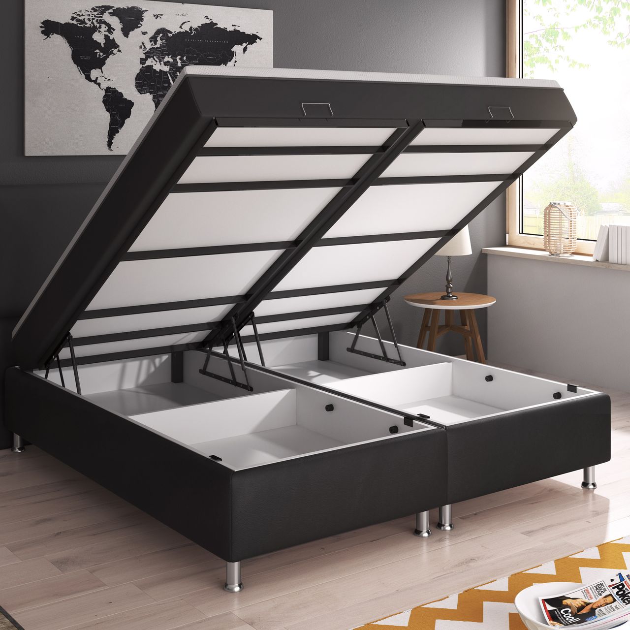IHG Boxspringbett Milano 180x200 Bettkasten Kunstleder Schwarz TYP 6 mit integriertem Topper