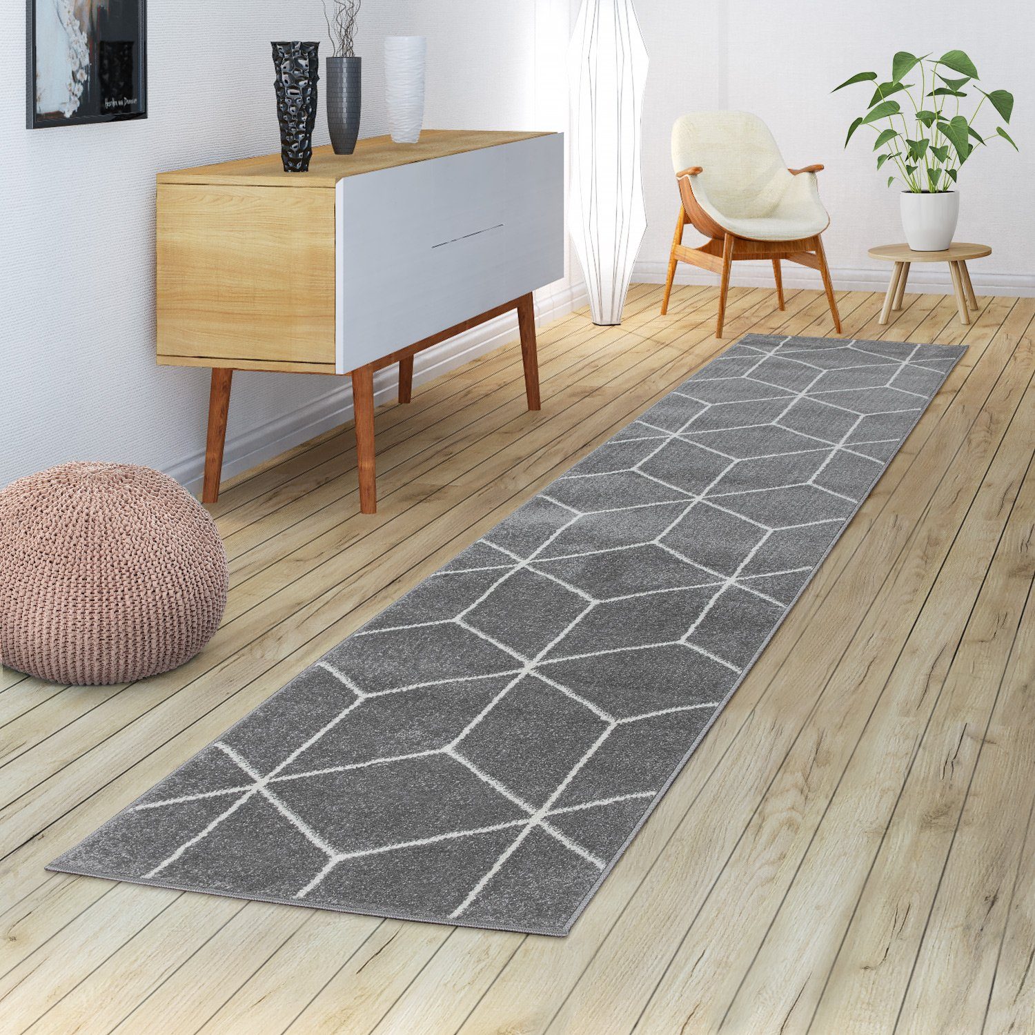 Teppich Wohnzimmer-Teppich Kurzflor Skandinavischer Stil Rauten-Muster In Grau, TT Home, rechteckig, Höhe: 16 mm