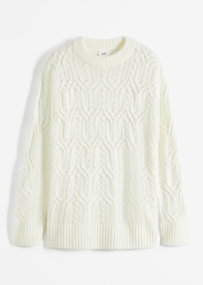 Rundhals-Pullover mit Zopfmuster