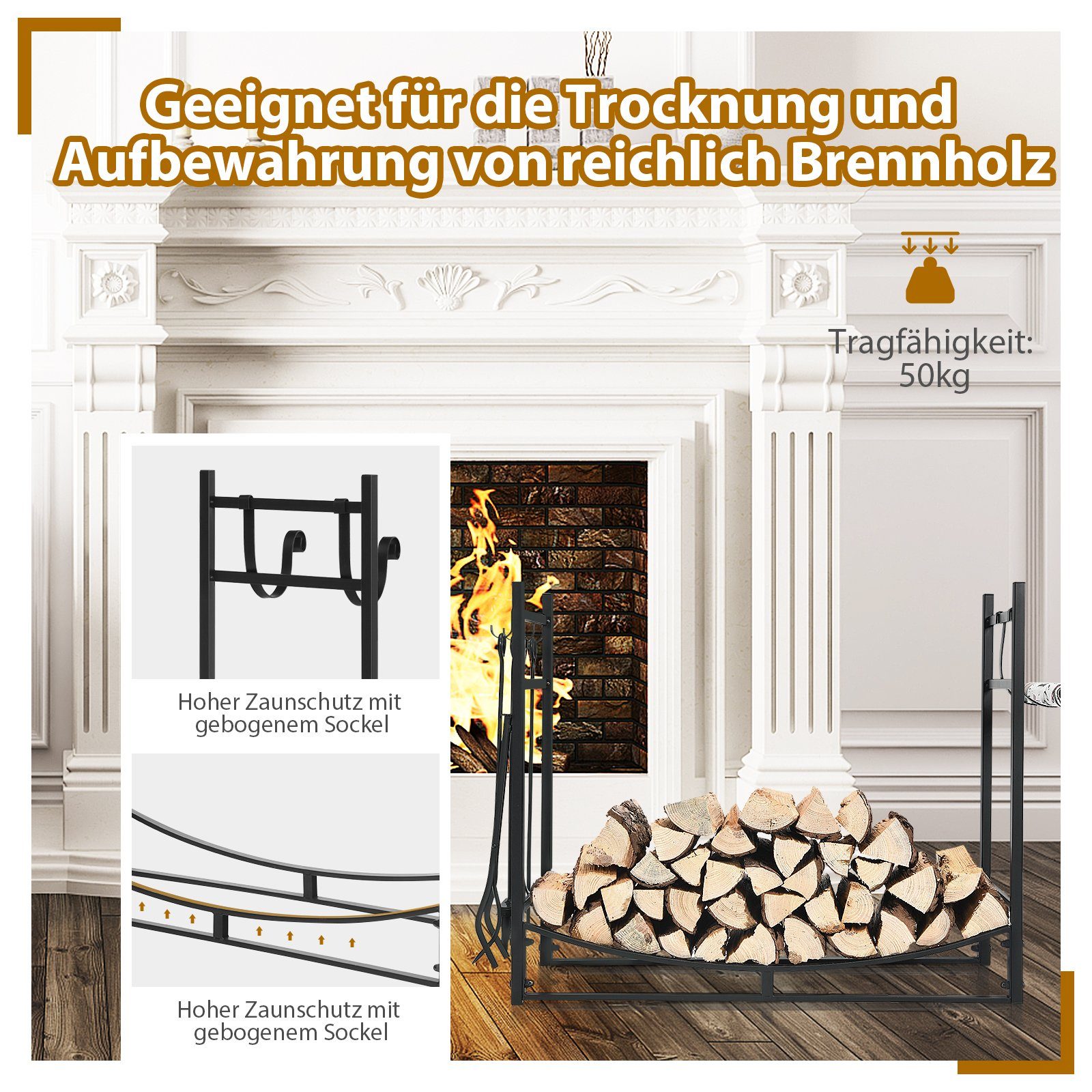 COSTWAY Kaminholzregal, BxTxH:33x90x76 cm, mit 4 tlg. Kaminbesteck Set