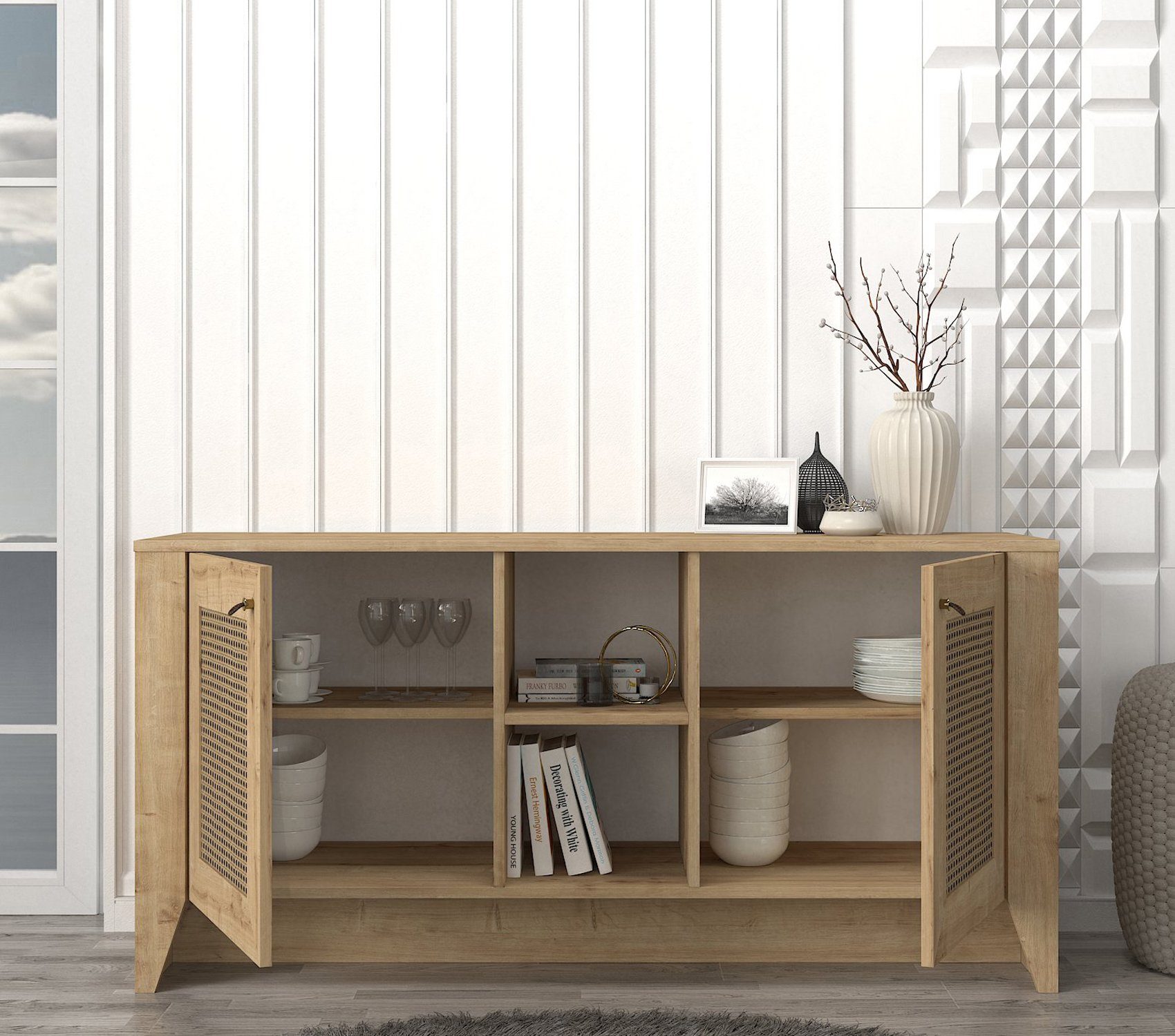 moebel17 Anrichte Sideboard Madura Saphir Hazeran, Sideboard aus Holzwerkstoff in Saphir - Hazeran Muster, Die Kommode bietet viel Stauraum für Geschirr, Porzellan oder andere Wohnutensilien, Ein echter Blickfang für Ihr Wohnzimmer, Schlafzimmer, Küc