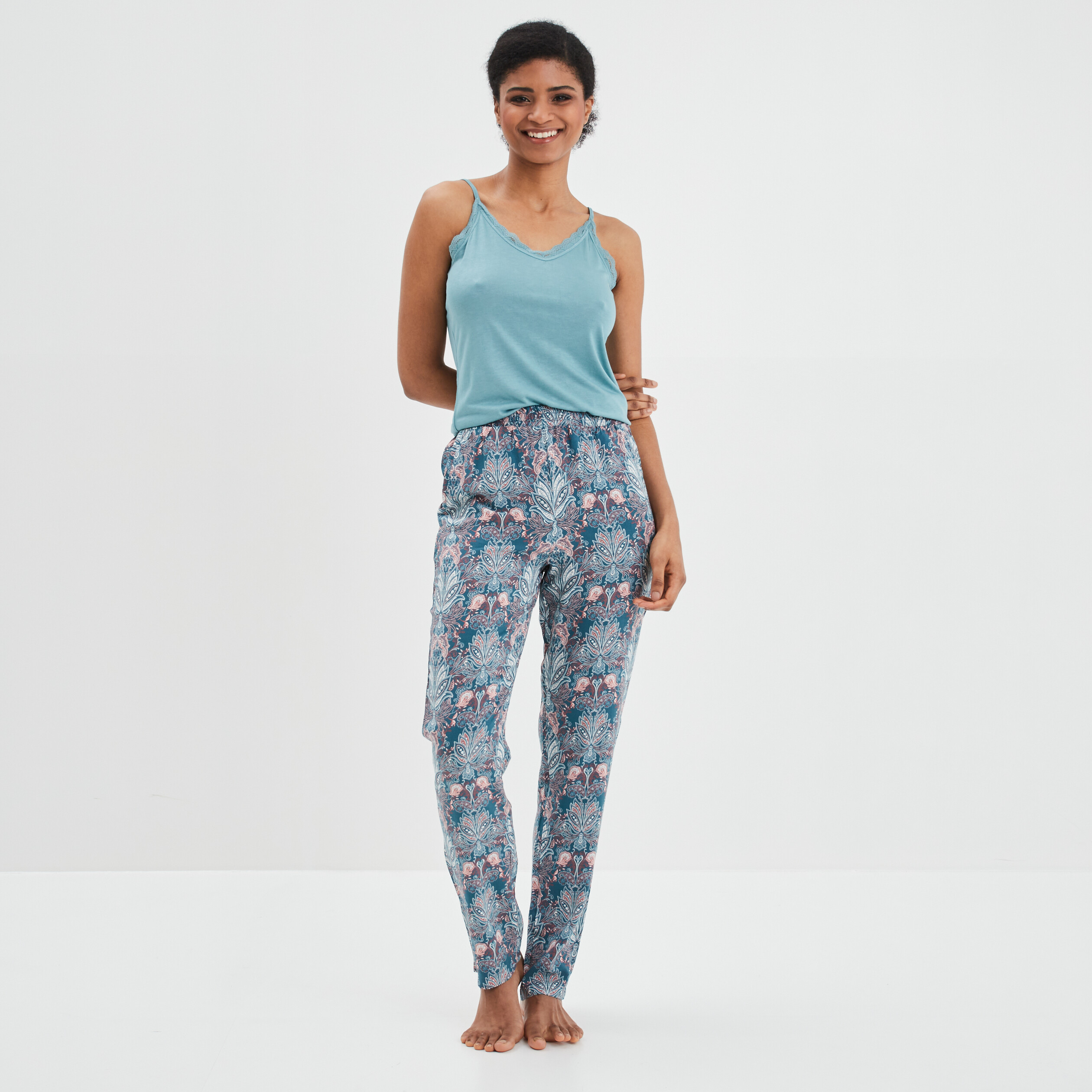 Pantalon de pyjama fluide taille haute bleu femme | La Halle