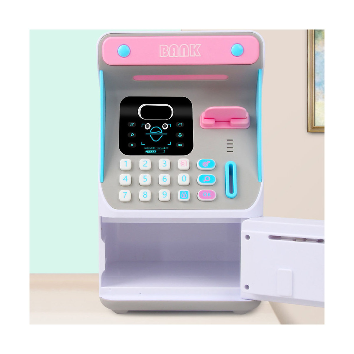 Simulierte Gesichtserkennung ATM Bank Passwortautomatik Geldrollen-Safe Spardose Spielzeug für Geldautomaten