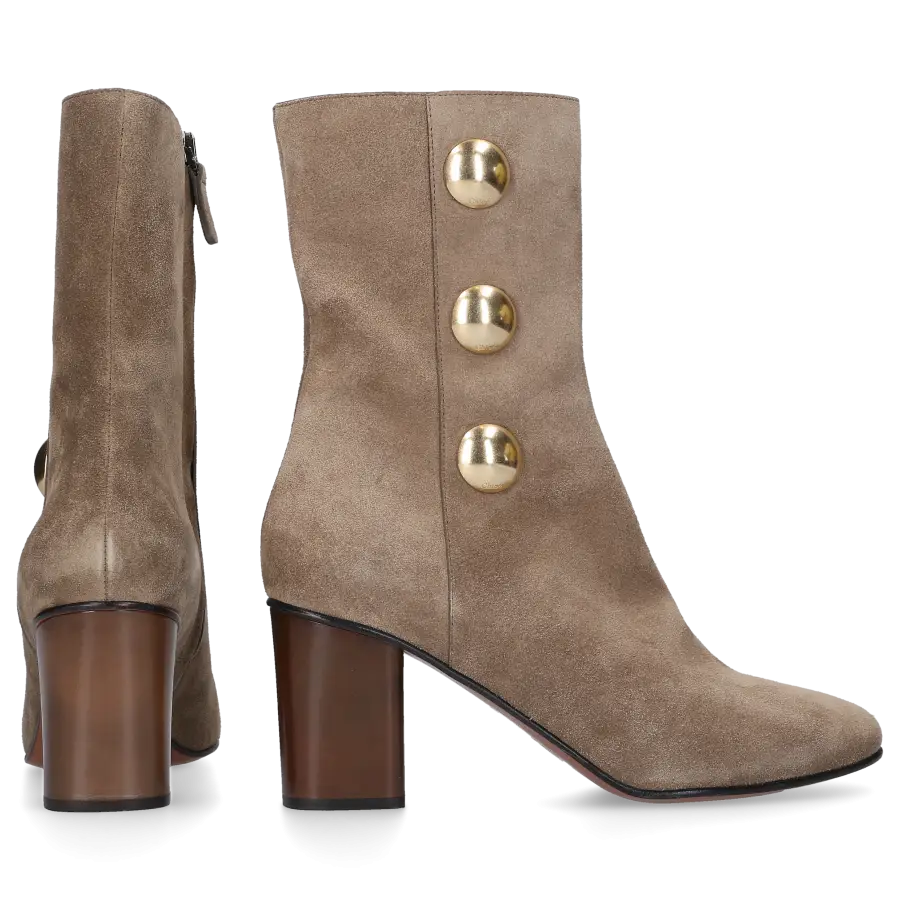 Chloé - Stiefeletten Kalbsleder Veloursleder Prägung Zierknopf olive - grau
