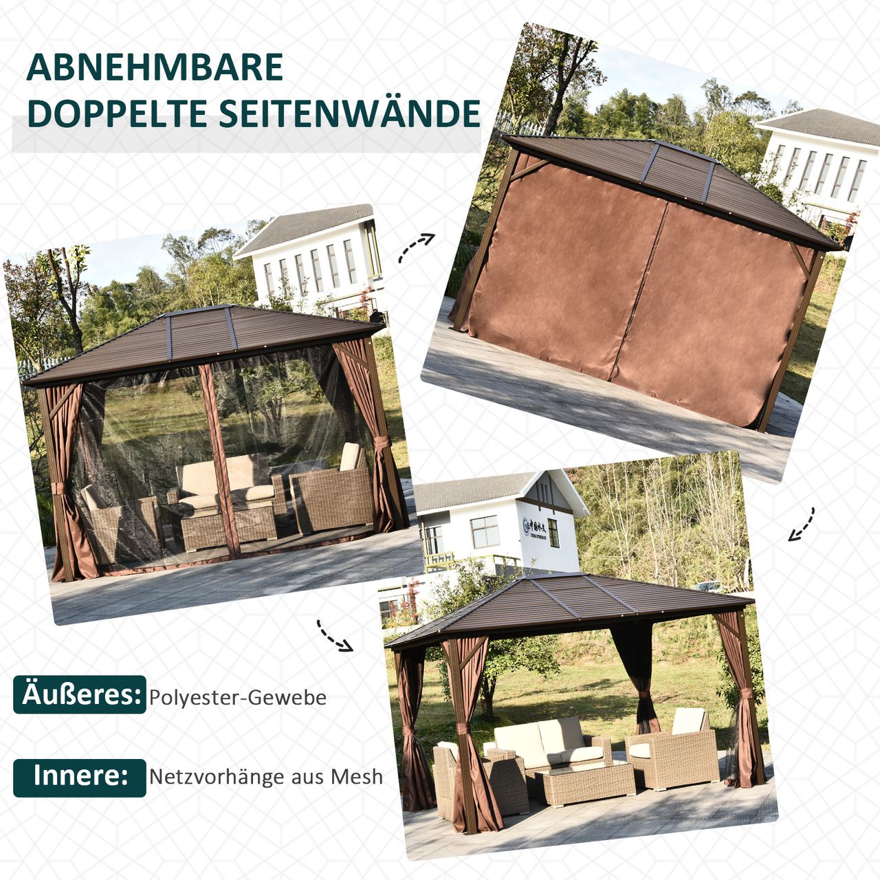 Outsunny Gartenpavillon Pavillon 300L x 365B x 262H cm Gartenzelt Festzelt Partyzelt mit 4 x Doppel-Seitenteilw wetterfest Aluminium Polyester Bronze