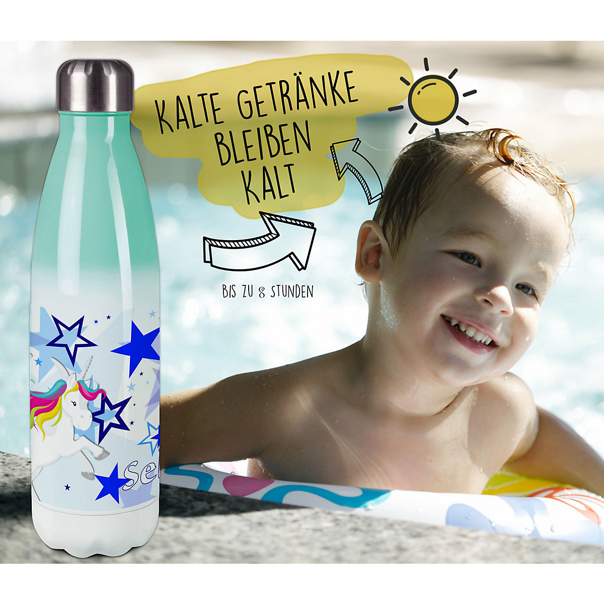 Edelstahl Kinder Thermoflasche / Trinkflasche bunt Pegasus Sterne Farbe blau Spülmaschinenfest, Auslaufsicher, Bruchfest, Doppelwandig, Für Heißgetränke geeignet, Mit Deckel, Isoliert