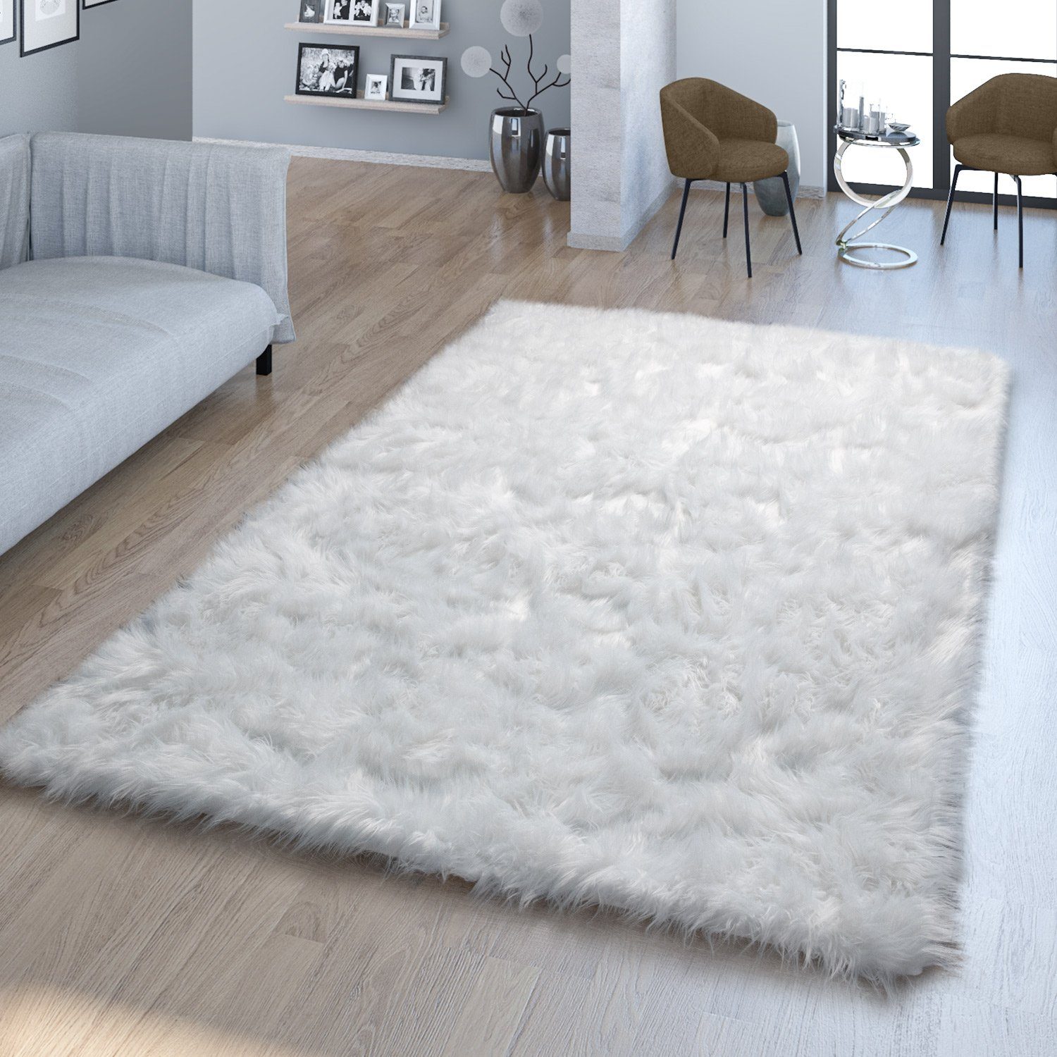 Fellteppich Wohnzimmer Hochflor Teppich Kunst-Fell Design, TT Home, rund, Höhe: 64 mm