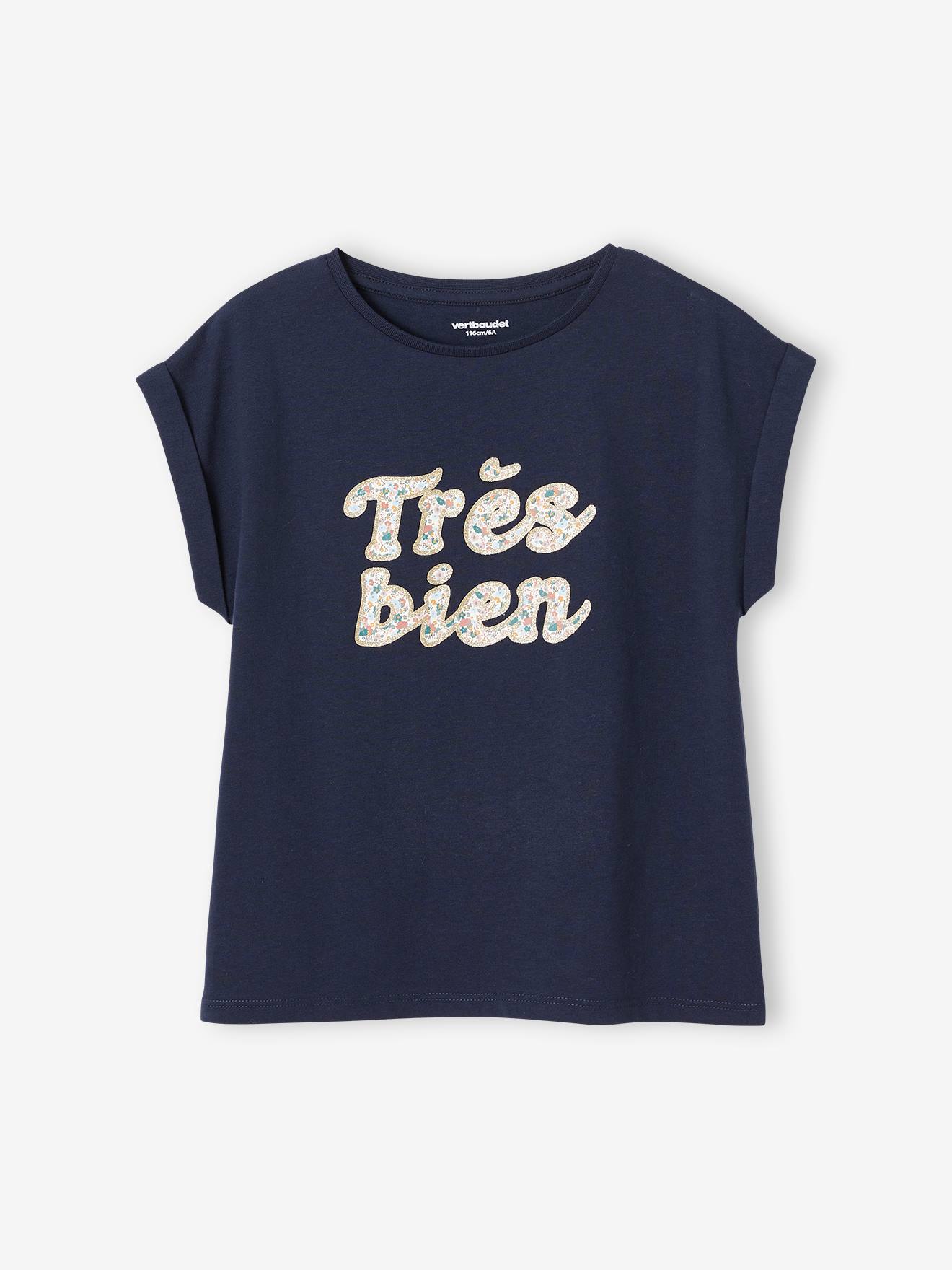 Vertbaudet Mädchen T-Shirt, Blumen-Schriftzug Oeko-Tex - marine/tres bien
