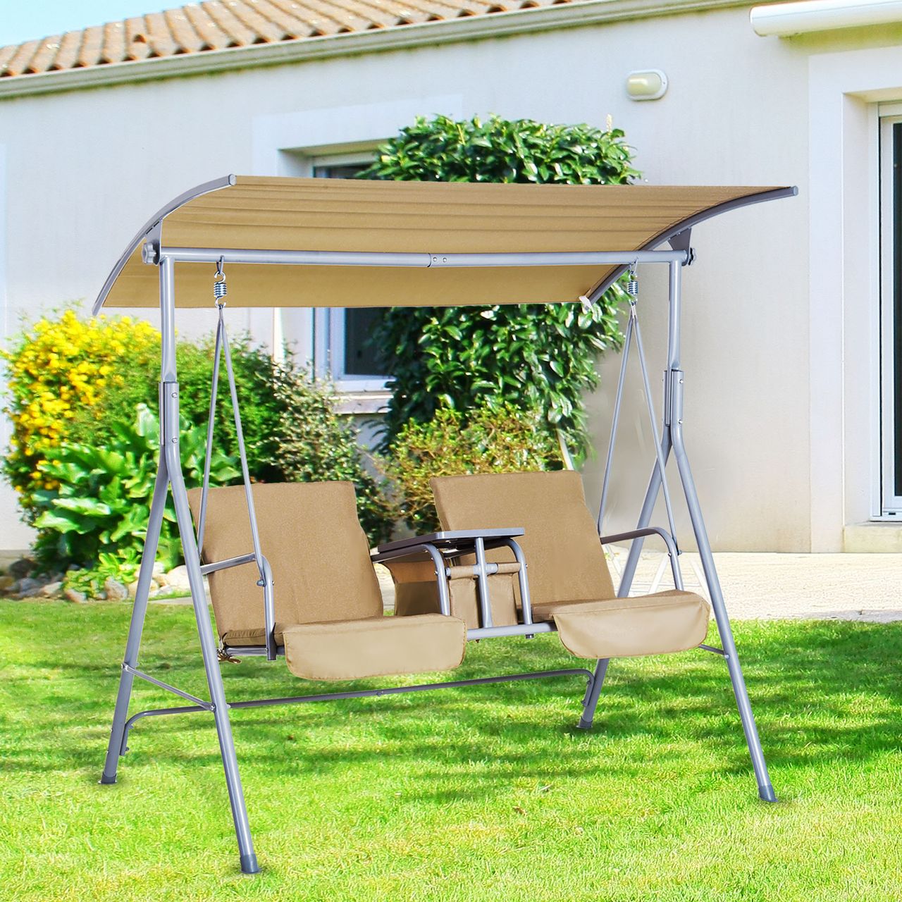 Outsunny Hollywoodschaukel Gartenschaukel 2-Sitzer mit Sonnendach Beige/Grau