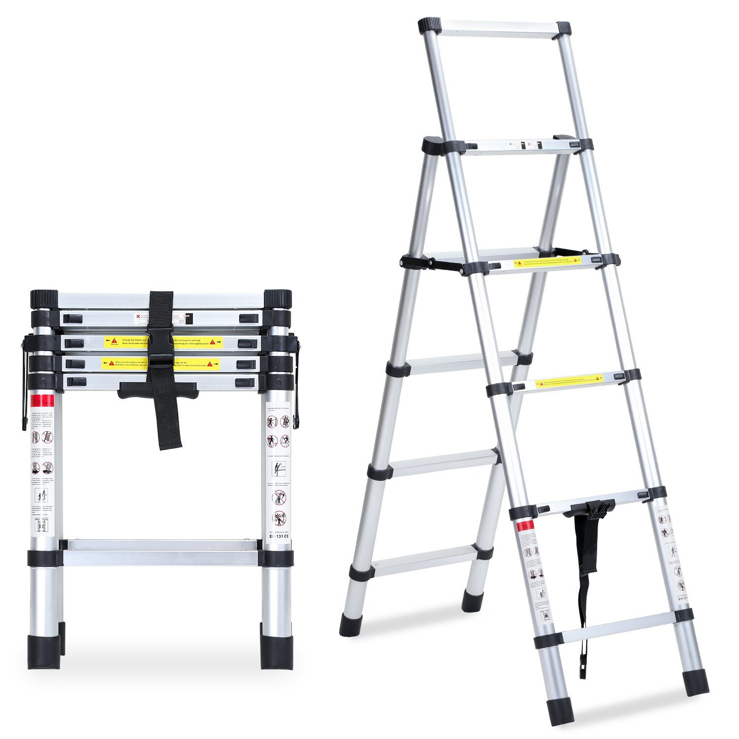 Lospitch Teleskopleiter Teleskopleiter Teleskopleiter Alu 2.6m-5m Ausziehleiter mit haken